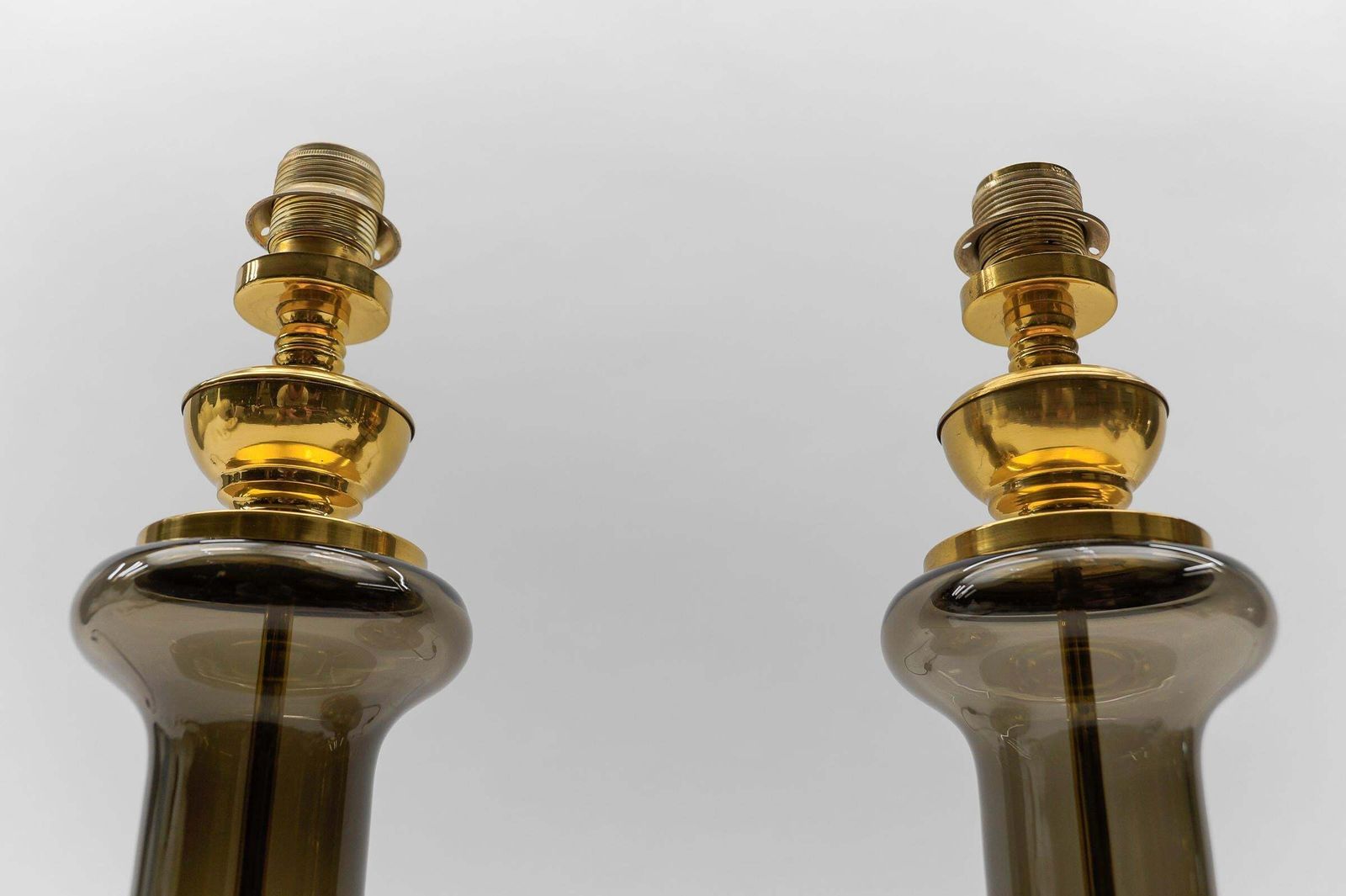 Pair Of Mid Century Modern Brass Smoked Glass Table Lamp Bases, 1960s photo vintage