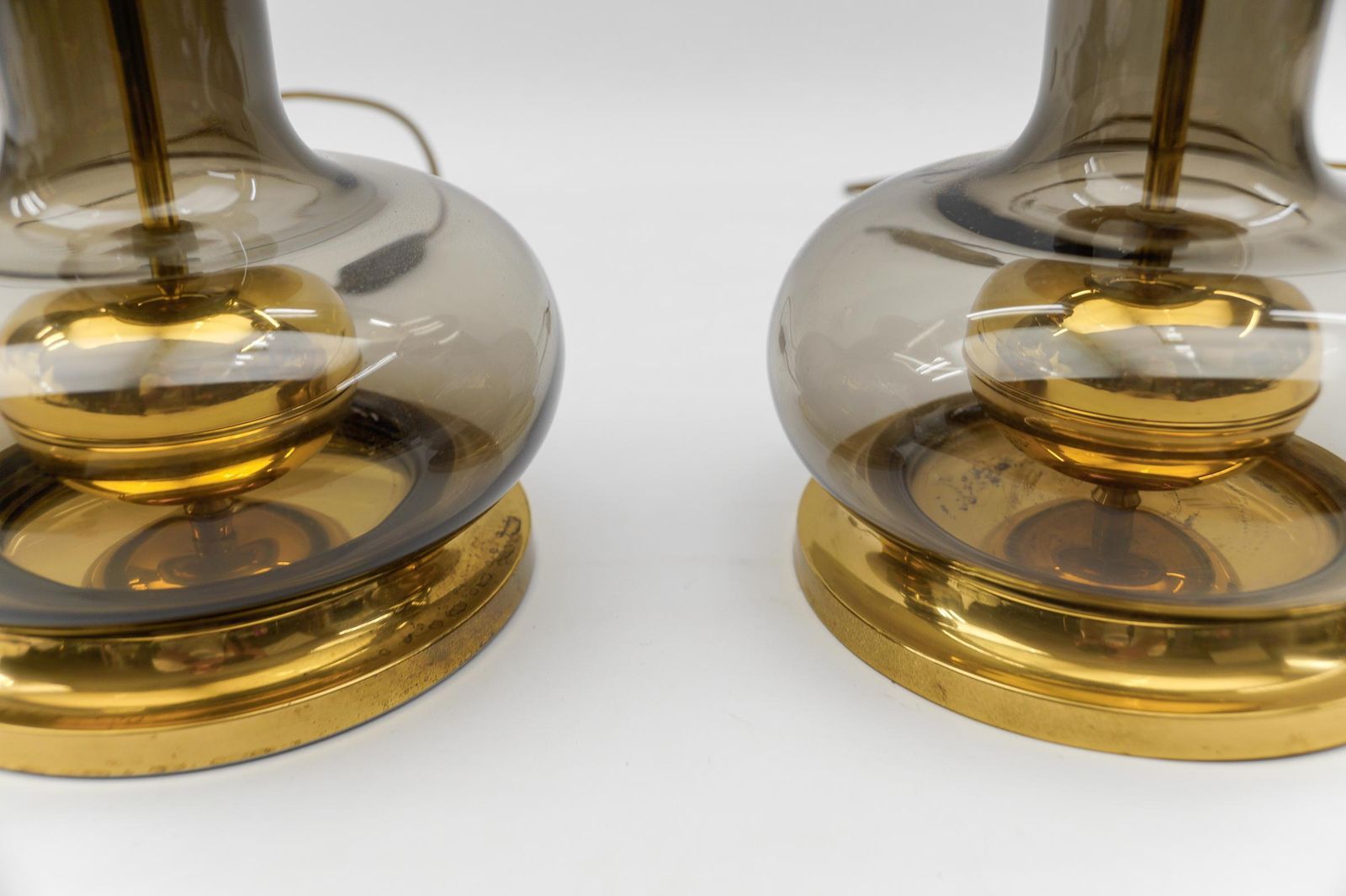 photo furniture Pair Of Mid Century Modern Brass Smoked Glass Table Lamp Bases, 1960s