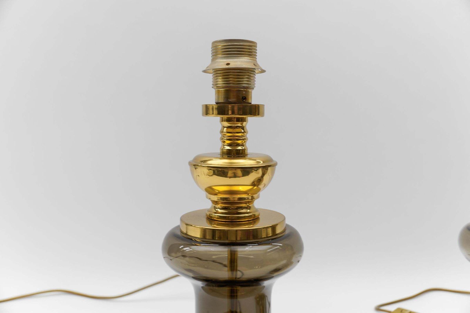 photo for sale Pair Of Mid Century Modern Brass Smoked Glass Table Lamp Bases, 1960s
