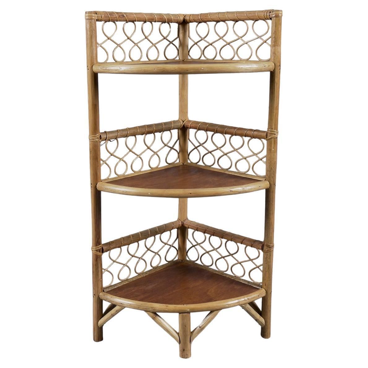 Lovely Corner Bamboo And Wicker Shelf, Italy, 1950s