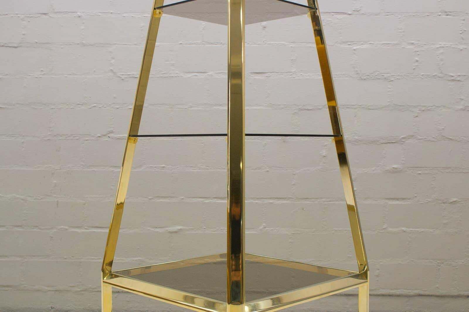 Hollywood Regency Pyramid Shelf In Gold And Smoked Glass, France 1960s photo Furniture