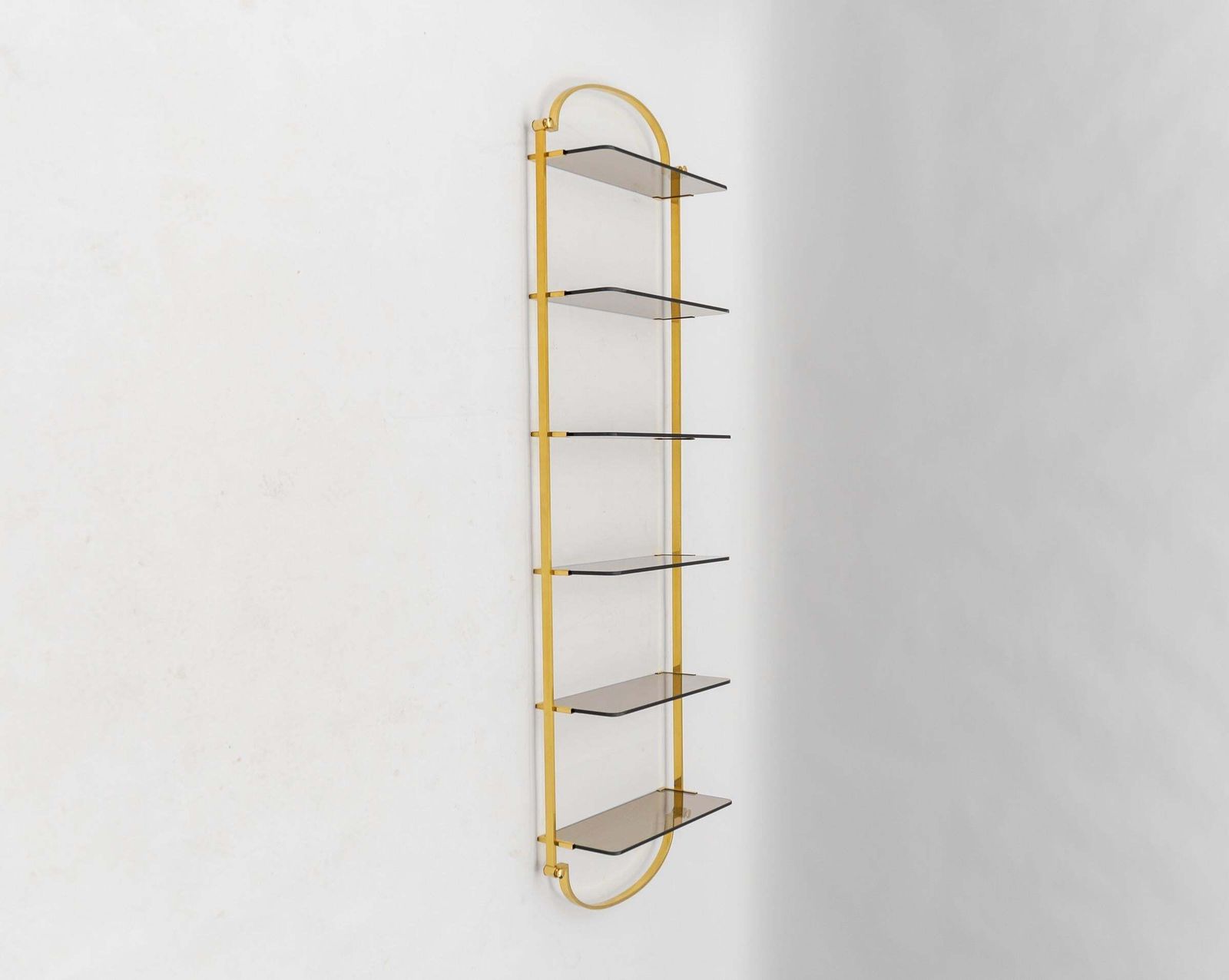 Golden Wall Shelf With Six Smoked Glass Shelves, Italy, 1960s photo for sale