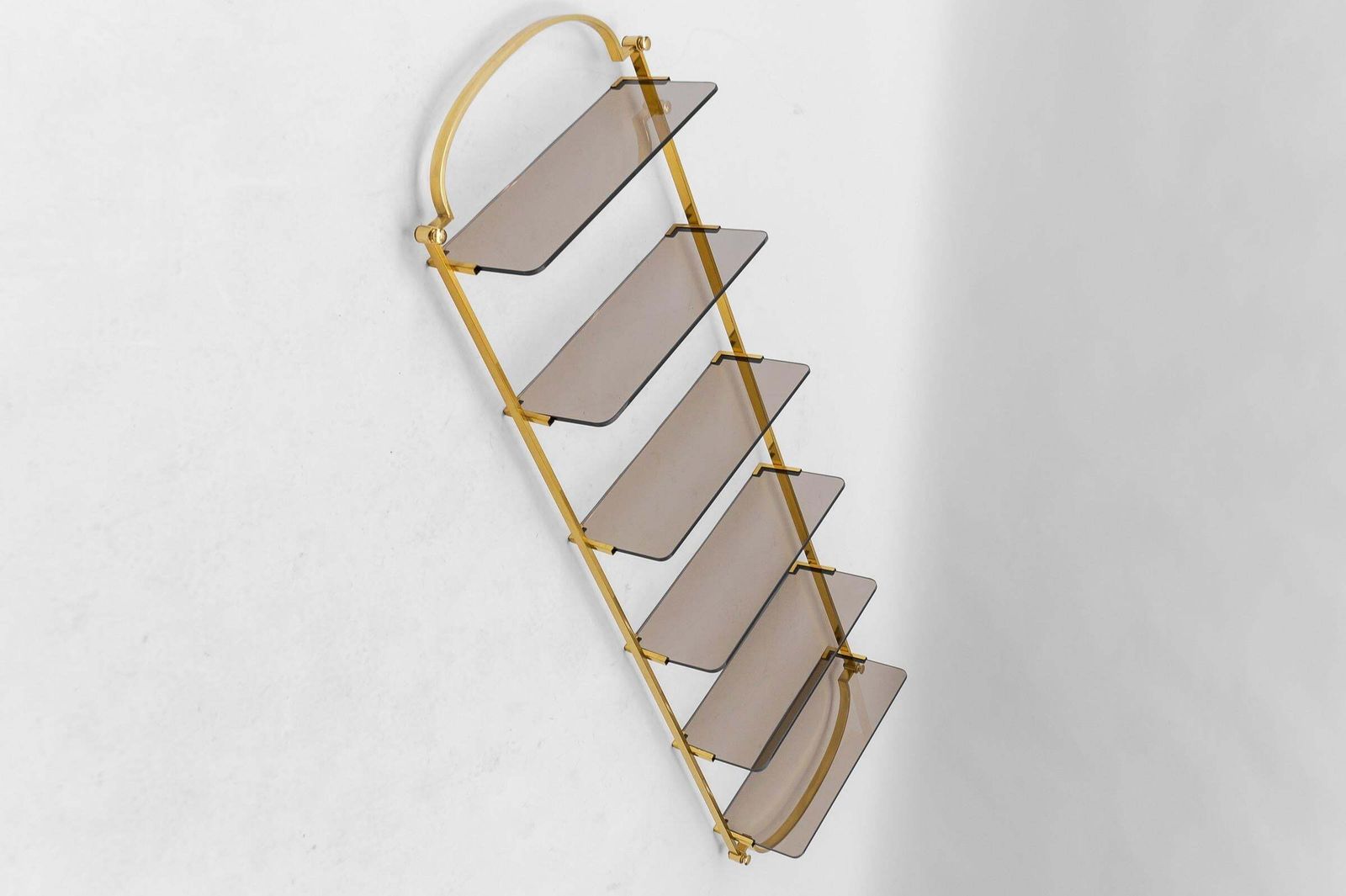 Golden Wall Shelf With Six Smoked Glass Shelves, Italy, 1960s photo Furniture
