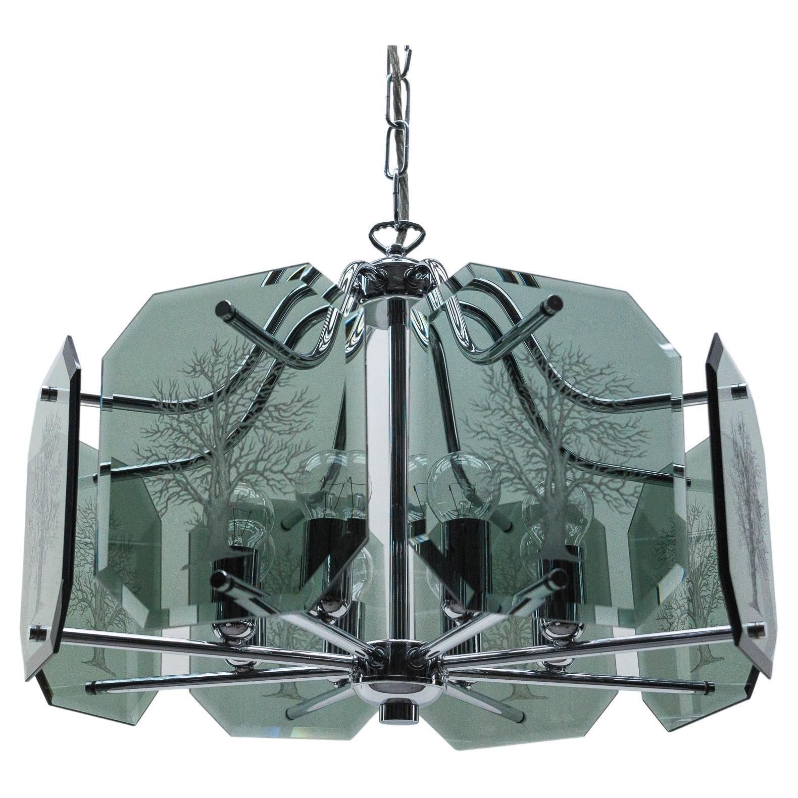 Chandelier In Chrome With 8 Cut Glass Panes With Tree Of Life Motif, 1960s