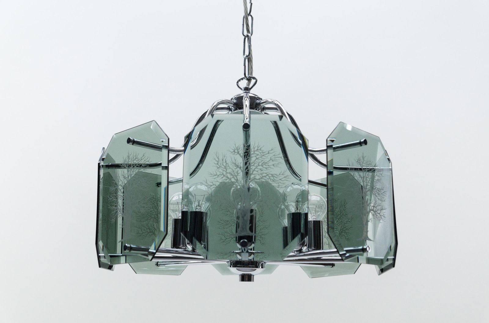 Chandelier In Chrome With 8 Cut Glass Panes With Tree Of Life Motif, 1960s photo vinterior