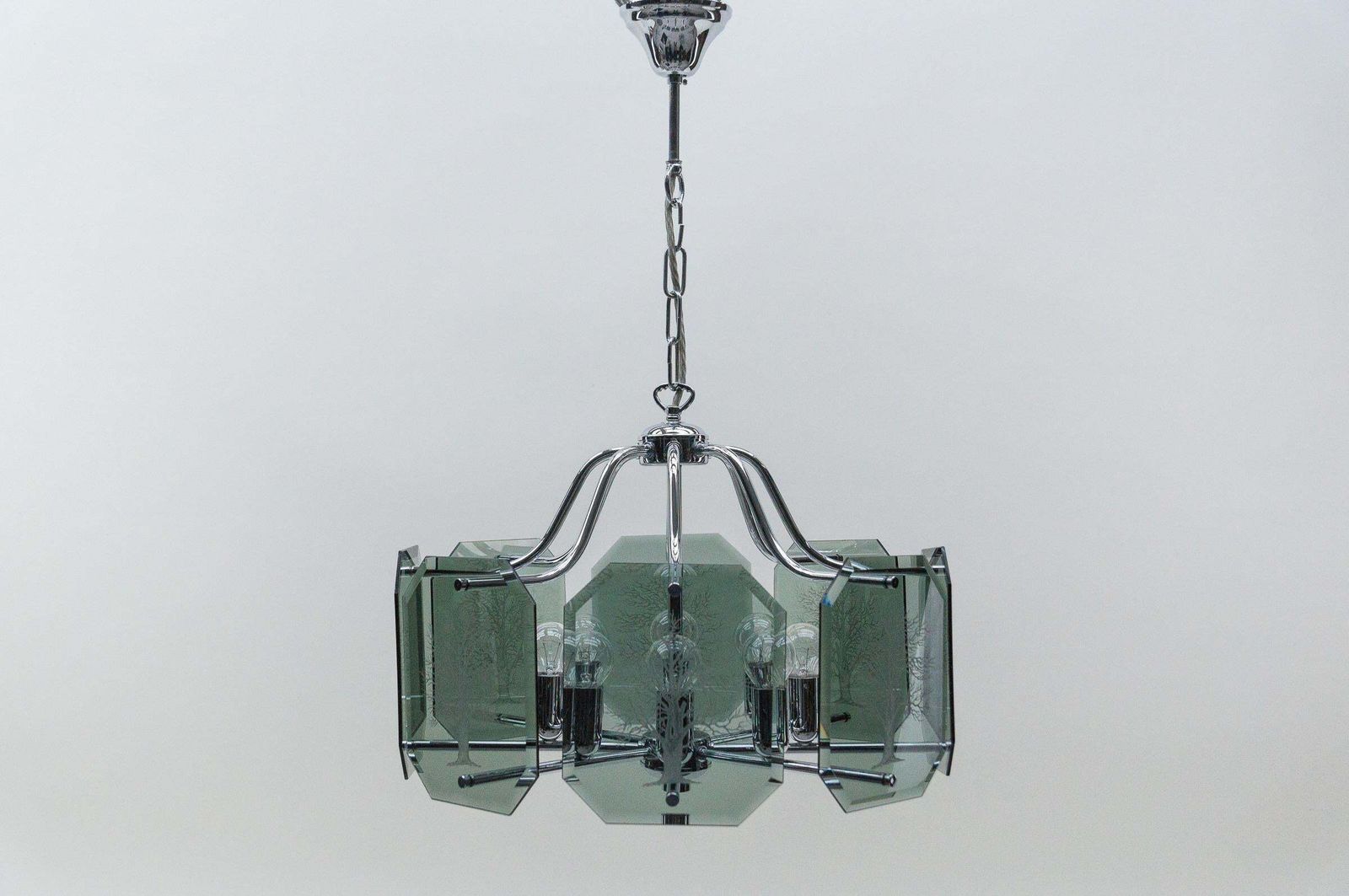 Chandelier In Chrome With 8 Cut Glass Panes With Tree Of Life Motif, 1960s photo buy