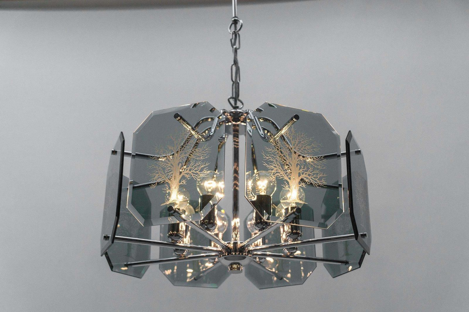 Lighting Chandelier In Chrome With 8 Cut Glass Panes With Tree Of Life Motif, 1960s photo