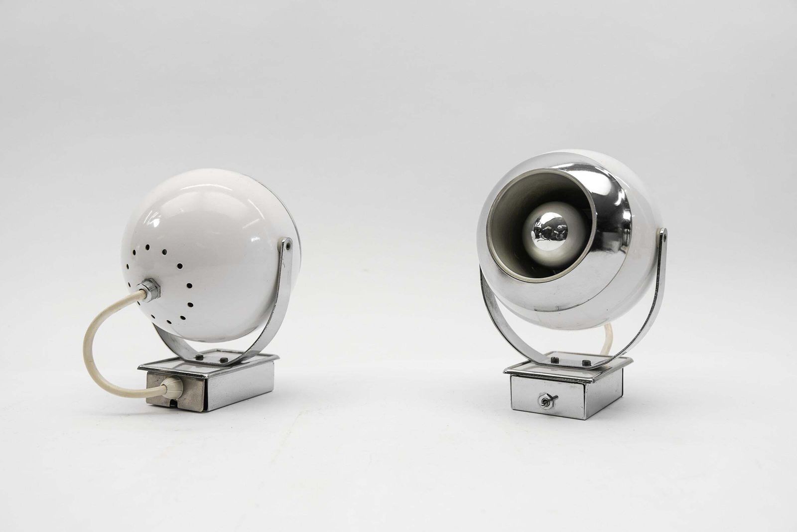 Pair Of Space Age Ball Wall Lamps In White And Chrome, 1970s photo for sale
