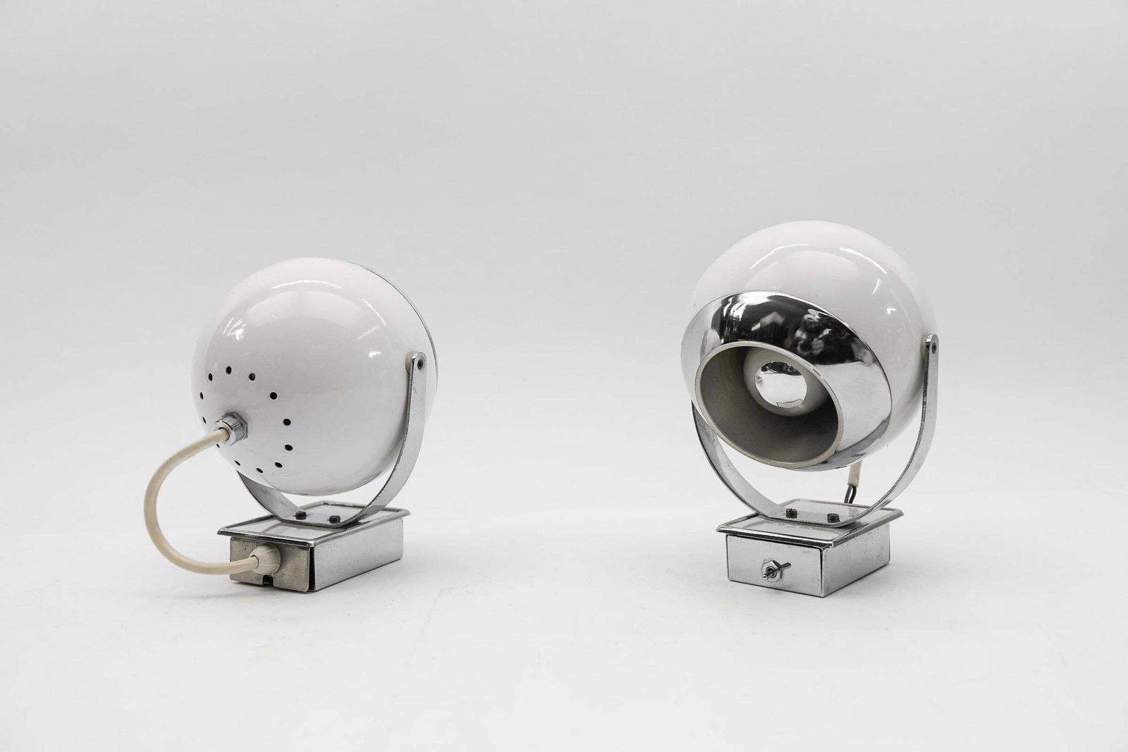 Pair Of Space Age Ball Wall Lamps In White And Chrome, 1970s photo Lighting