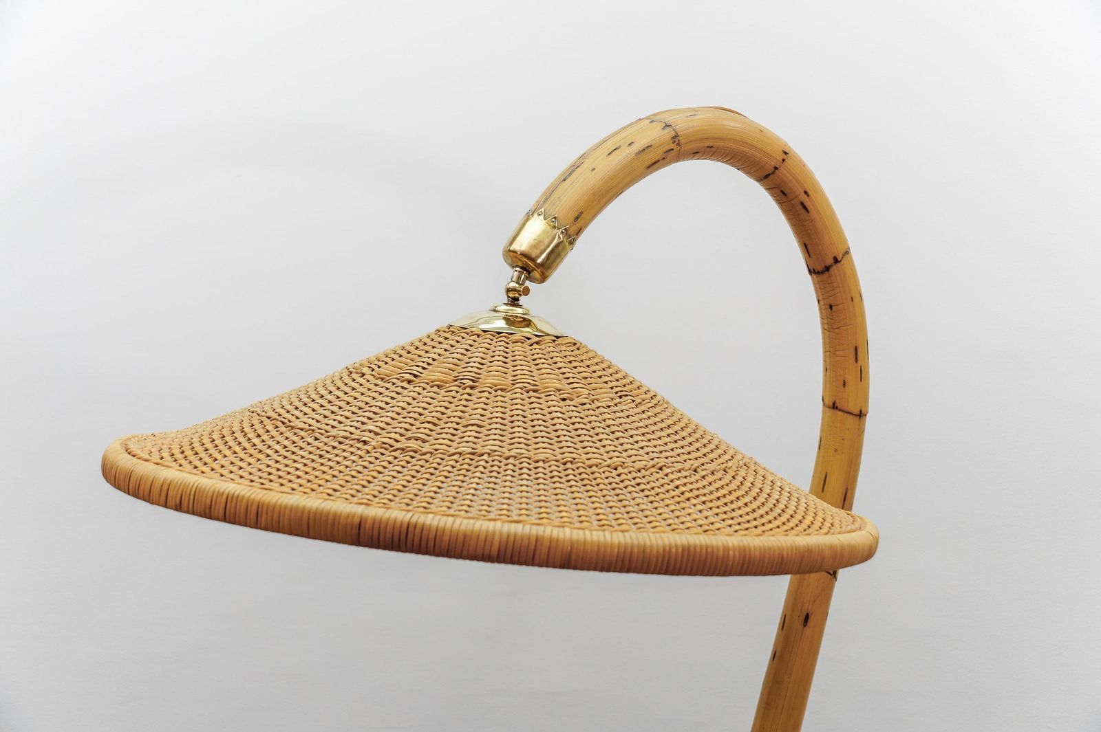 photo furniture Huge Mid Century Modern Bamboo, Brass & Rattan Arc Floor Lamp, Italy 1950s