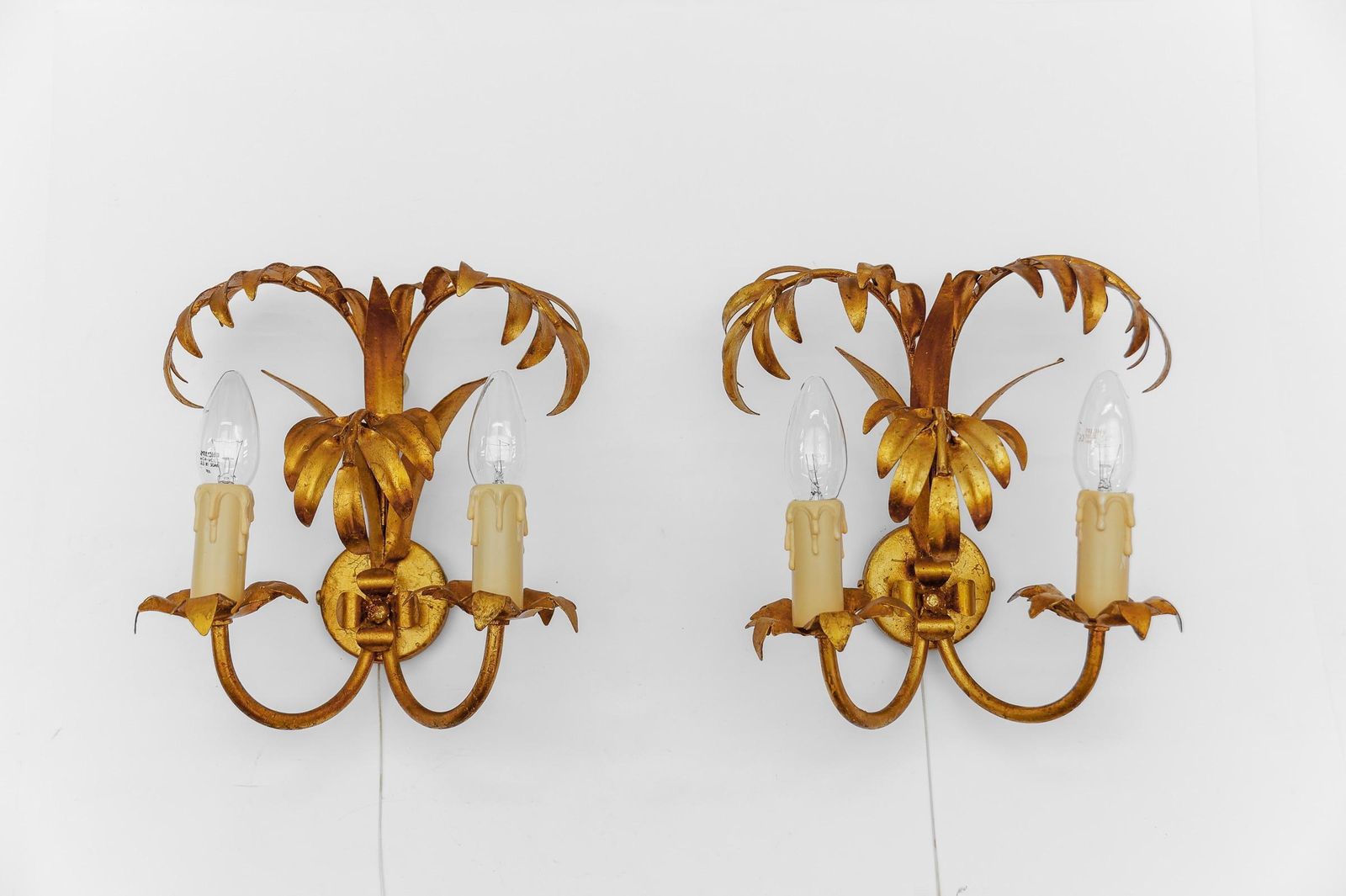 Lighting Pair Of Hollywood Regency Double Palm Wall Lights By Hans Kögl, Germany, 1970s photo
