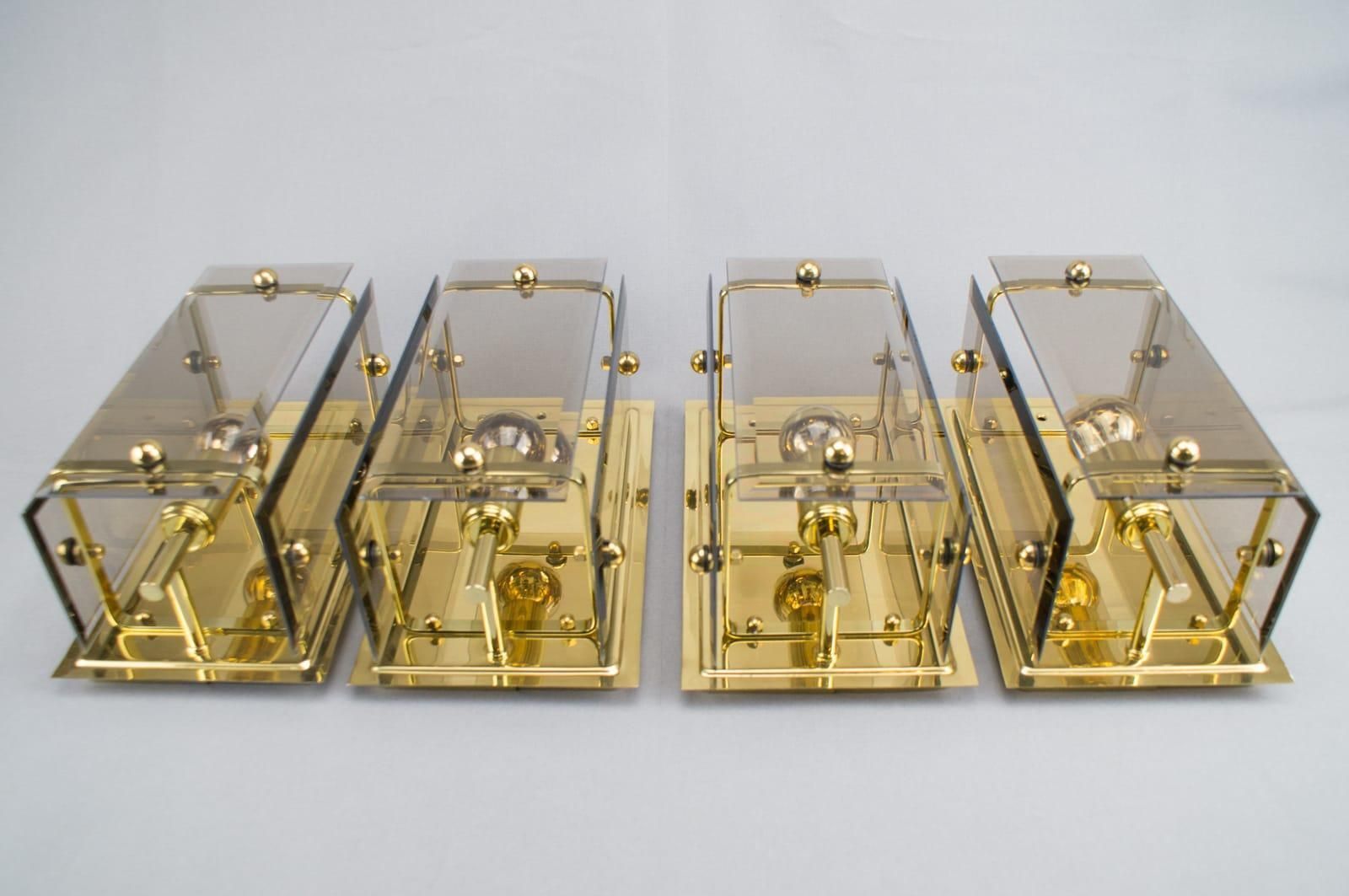 Set Of 5 Elegant Midcentury Brass And Smoked Glass Wall Lamps, Germany, 1960s photo Lighting
