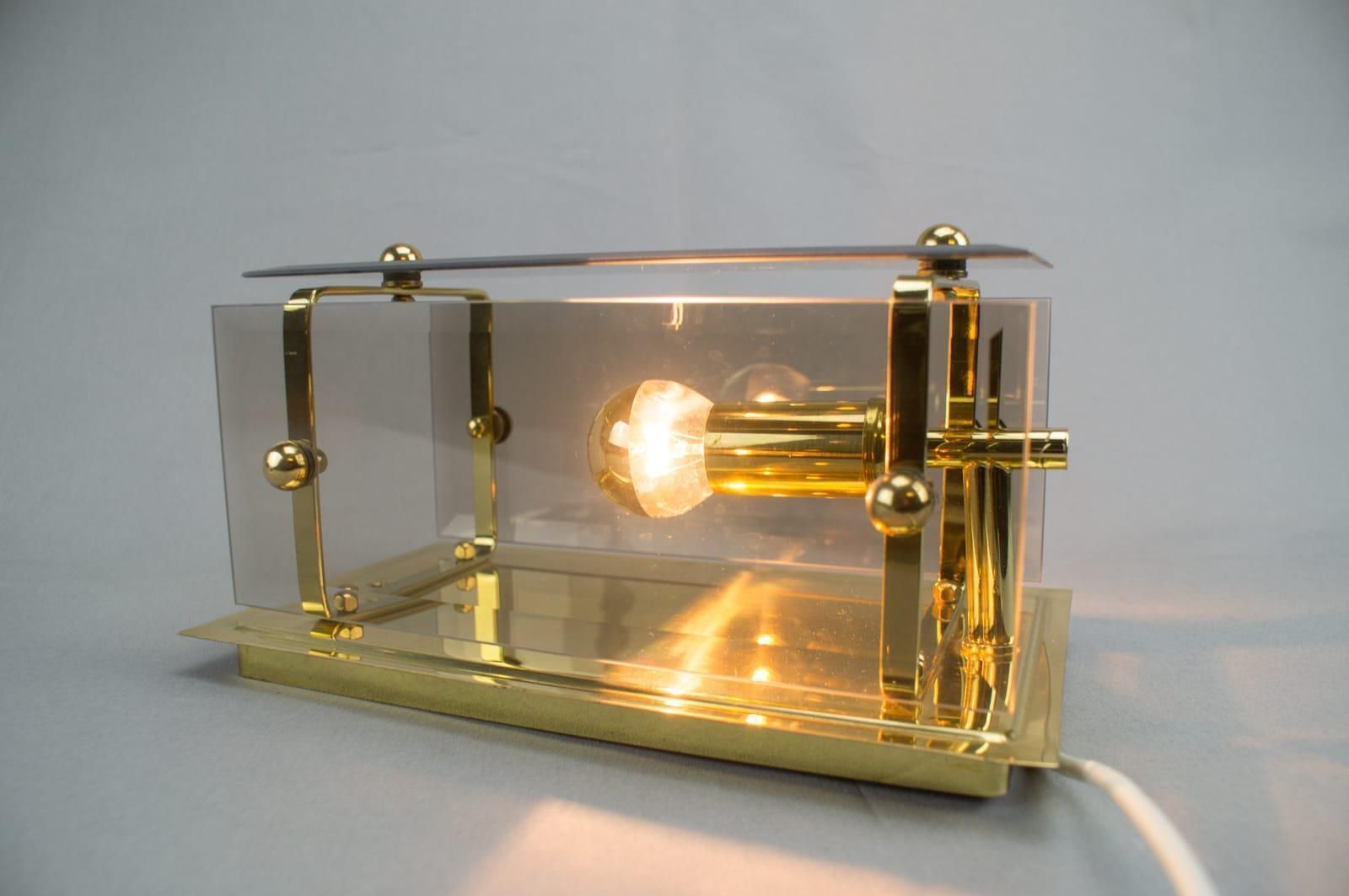 Set Of 5 Elegant Midcentury Brass And Smoked Glass Wall Lamps, Germany, 1960s photo vintage