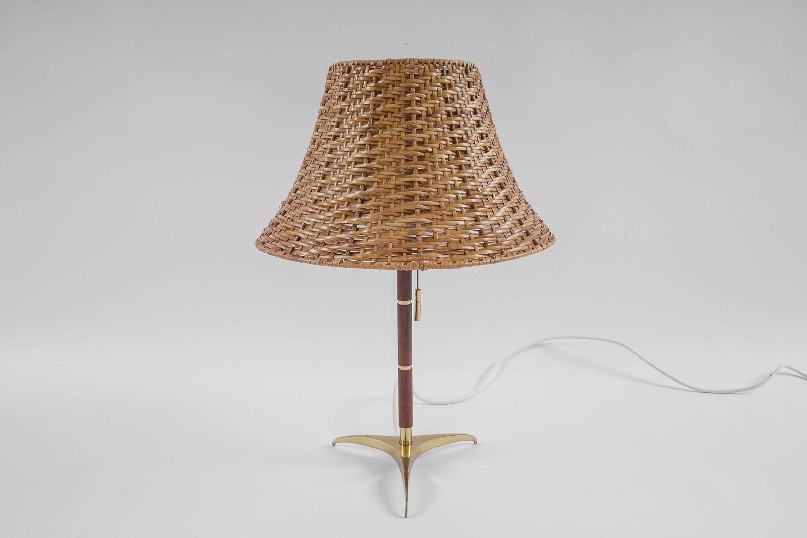 Lovely Mid Century Modern Table Lamp In Brass, Wicker And Teak, 1950s, Austria photo for sale