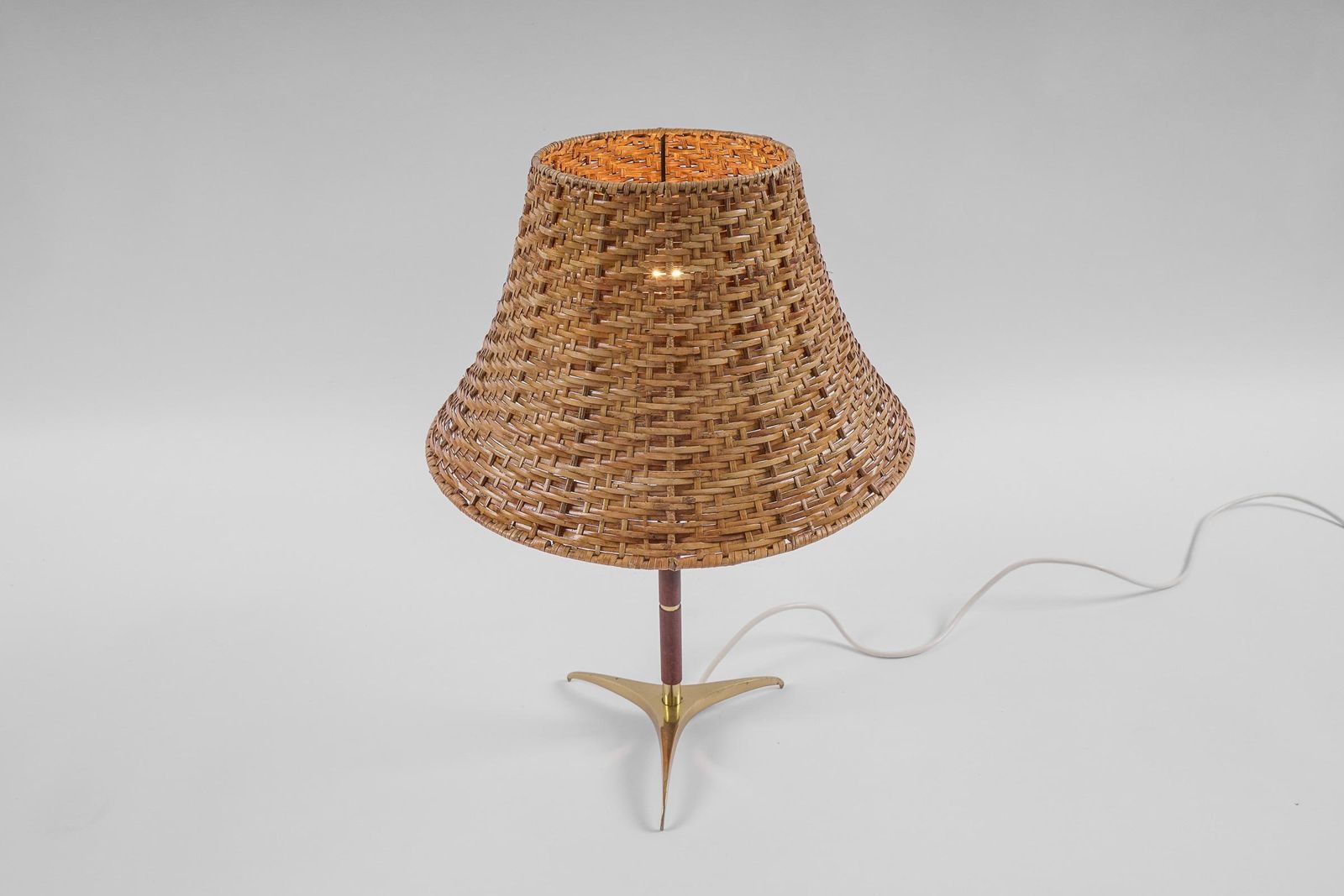 Lighting Lovely Mid Century Modern Table Lamp In Brass, Wicker And Teak, 1950s, Austria photo