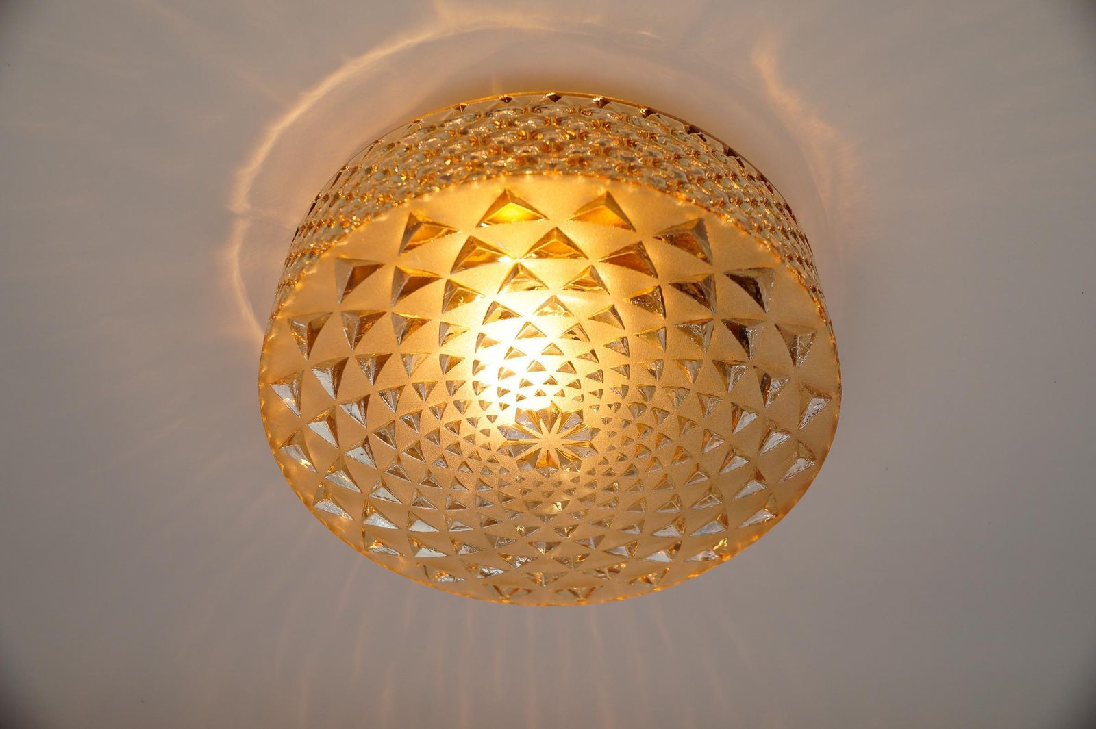 1 Of 2 Round Geometric Satin Amber Glass Flush Mount Light Or Wall Lamp, 1960s photo for sale