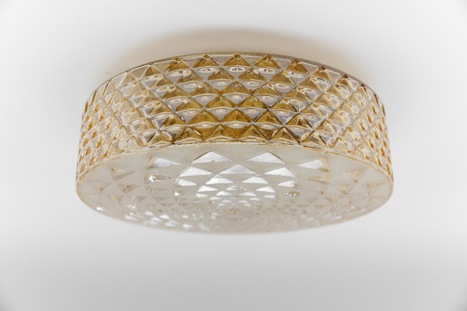 1 Of 2 Round Geometric Satin Amber Glass Flush Mount Light Or Wall Lamp, 1960s photo vinterior