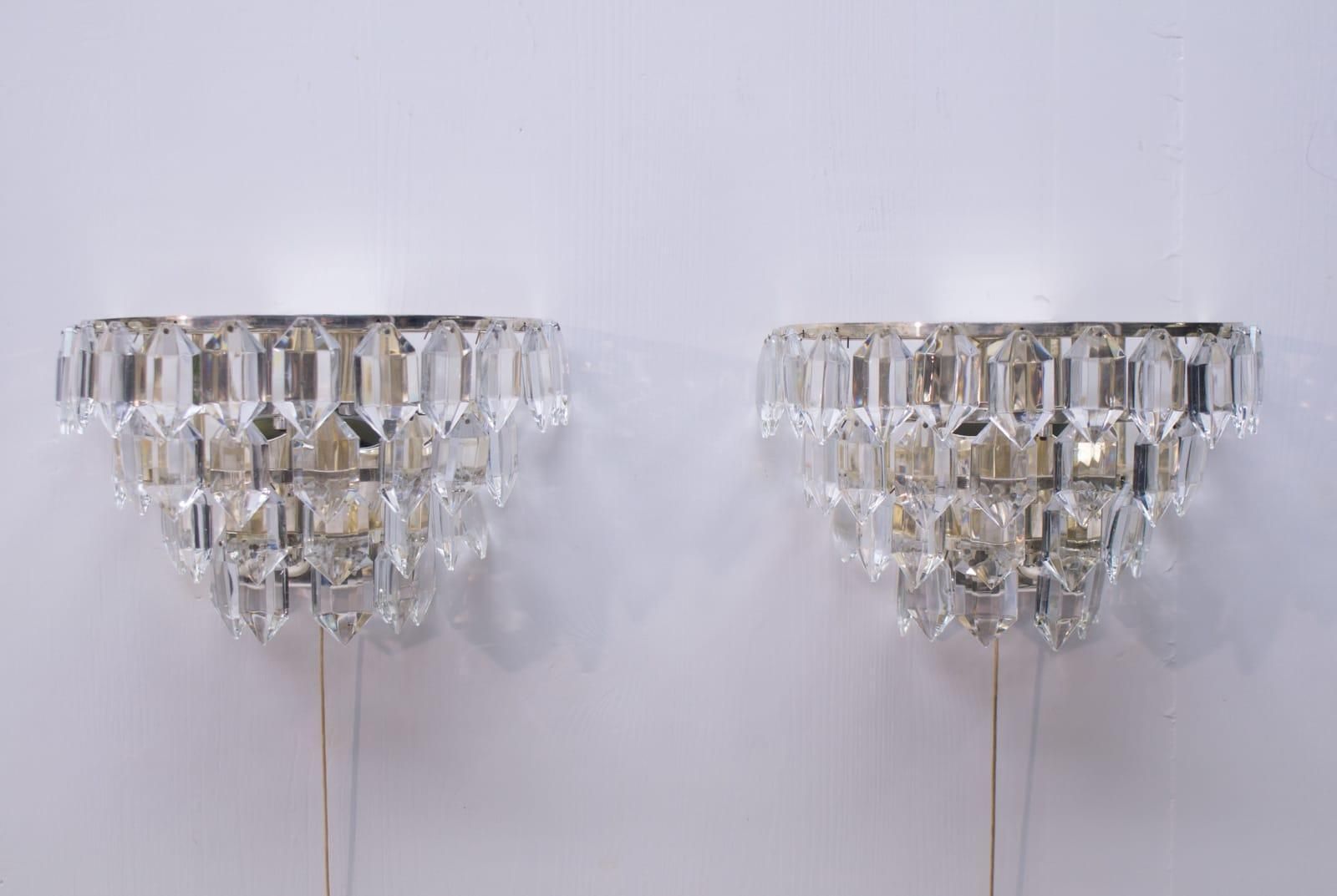 Pair Of Bakalowits Nickel Plated Crystal Chandelier Glass Wall Light, 1960s photo for sale