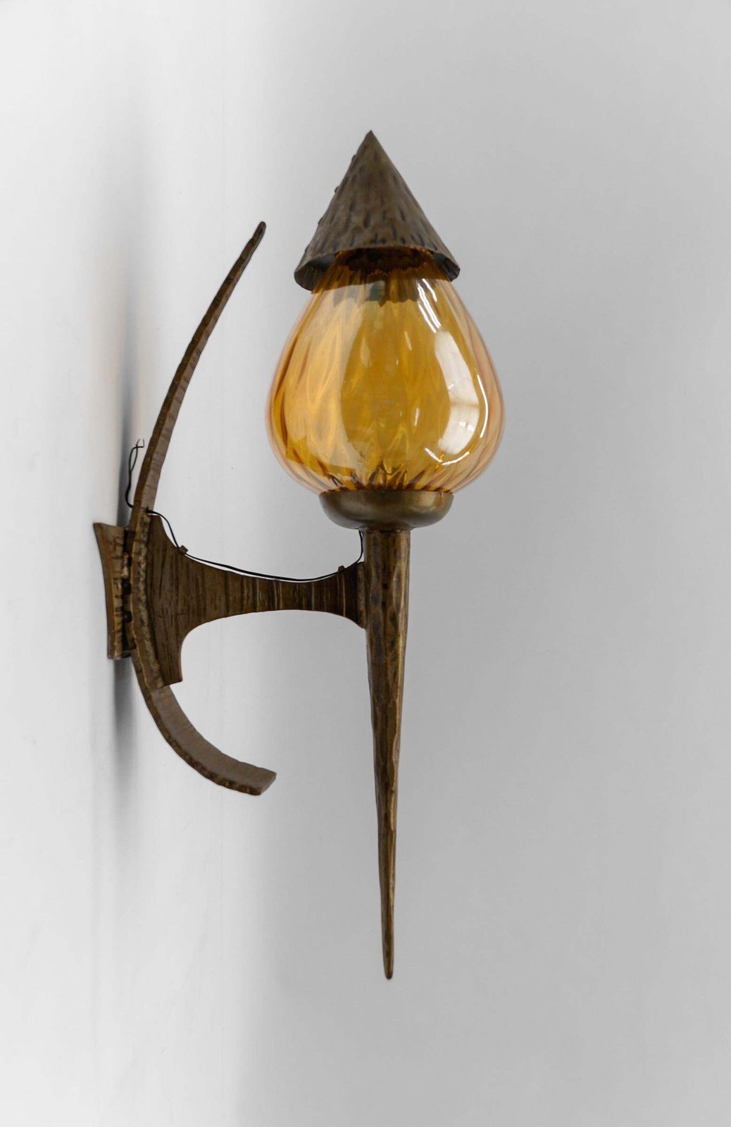 Huge French Hand Forged Iron And Glass Wall Lamp, 1960s photo vinterior