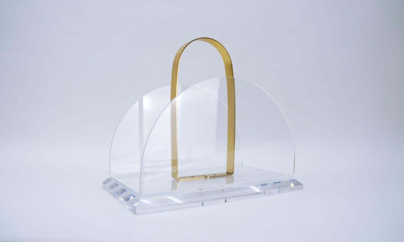 Elegant Magazine Rack In Acrylic & Brass, 1970s Italy photo for sale