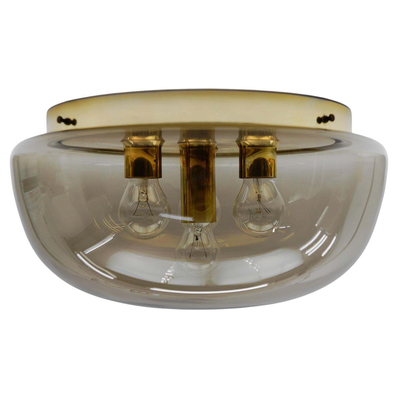 Huge Brass And Smoked Glass Flush Mount By Limburg, Germany 1960s
