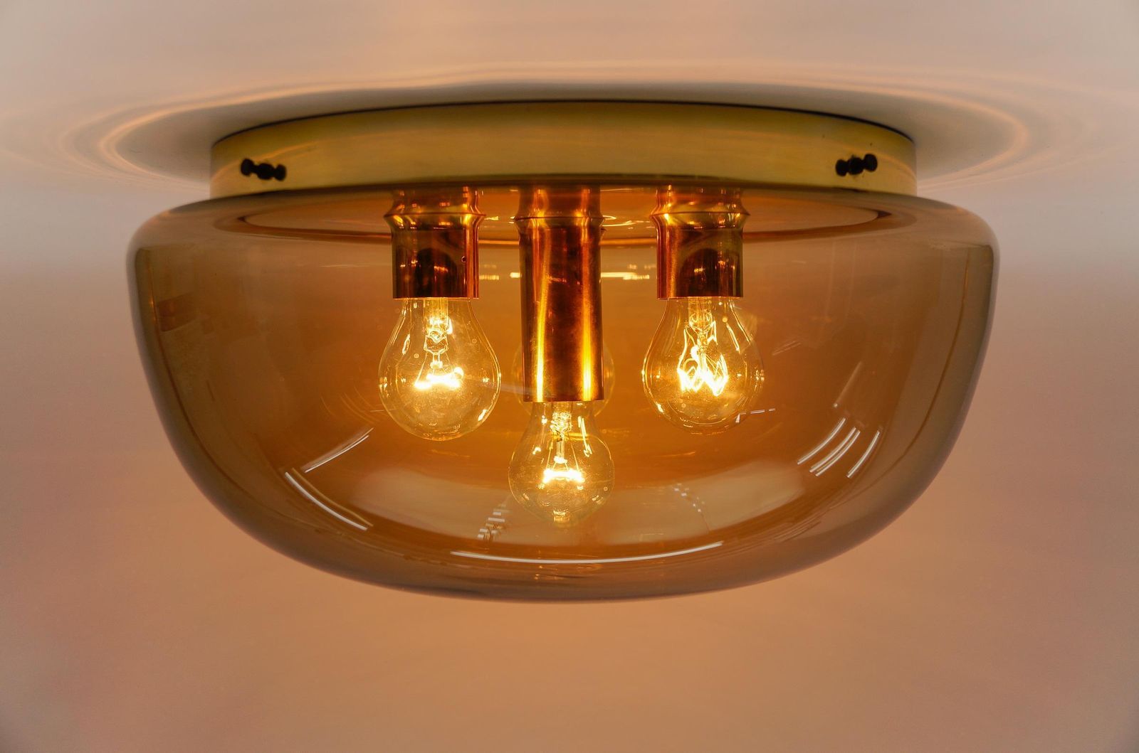 Huge Brass And Smoked Glass Flush Mount By Limburg, Germany 1960s photo for sale