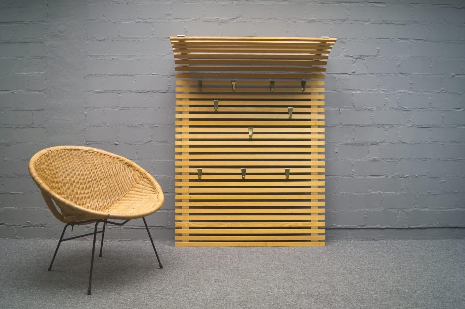 Large Wooden Slats And Brass Hooks Wall Mounted Coat And Hat Rack, Austria 1950s photo furniture
