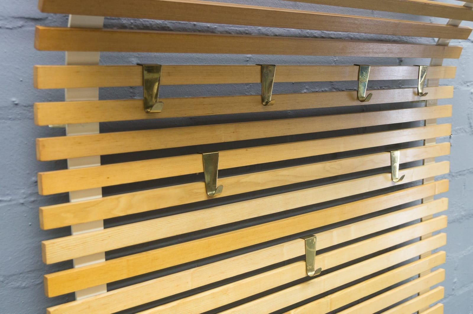 Large Wooden Slats And Brass Hooks Wall Mounted Coat And Hat Rack, Austria 1950s photo 1232.0