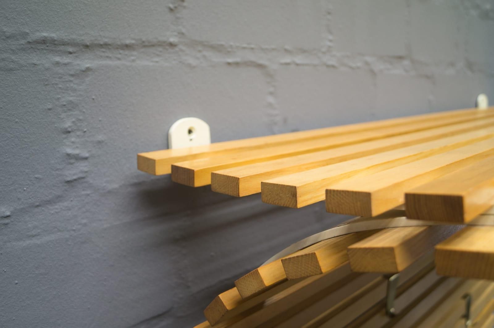Large Wooden Slats And Brass Hooks Wall Mounted Coat And Hat Rack, Austria 1950s photo buy