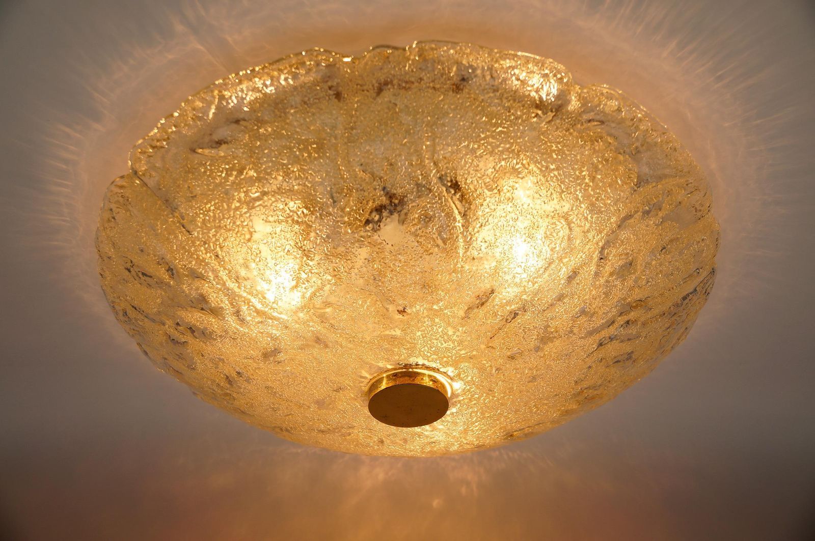 1 Of 2 Huge Elegant Flush Mount Lamp In Ice Glass By Limburg, Gerrmany 1960s photo vintage