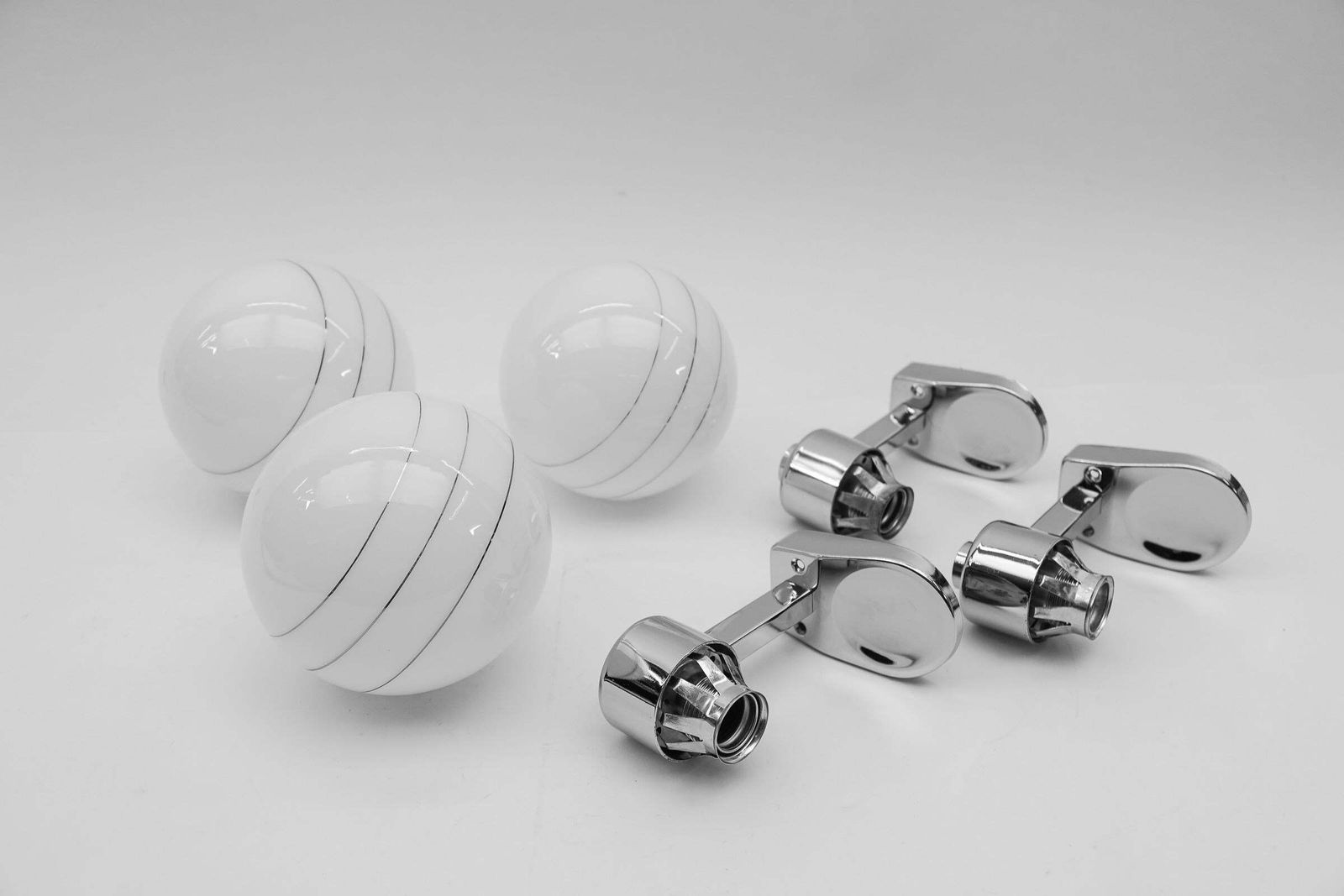 photo vinterior Set Of 3 Space Age Chrome Wall Lamps With Milk Glass Ball Shades, 1970s