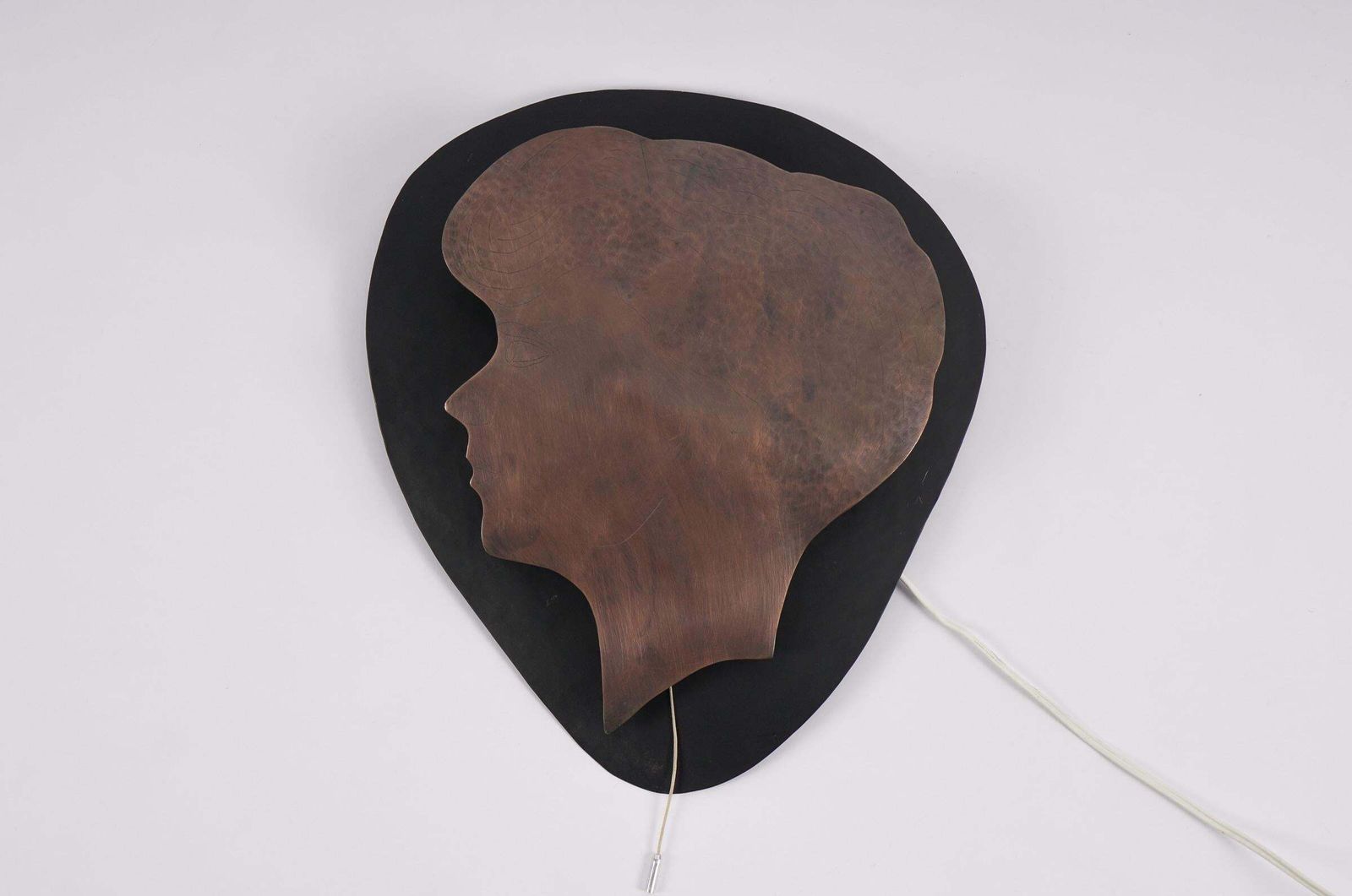 Handmade Woman's Head Wall Lamp In Solid Copper And Metal photo for sale