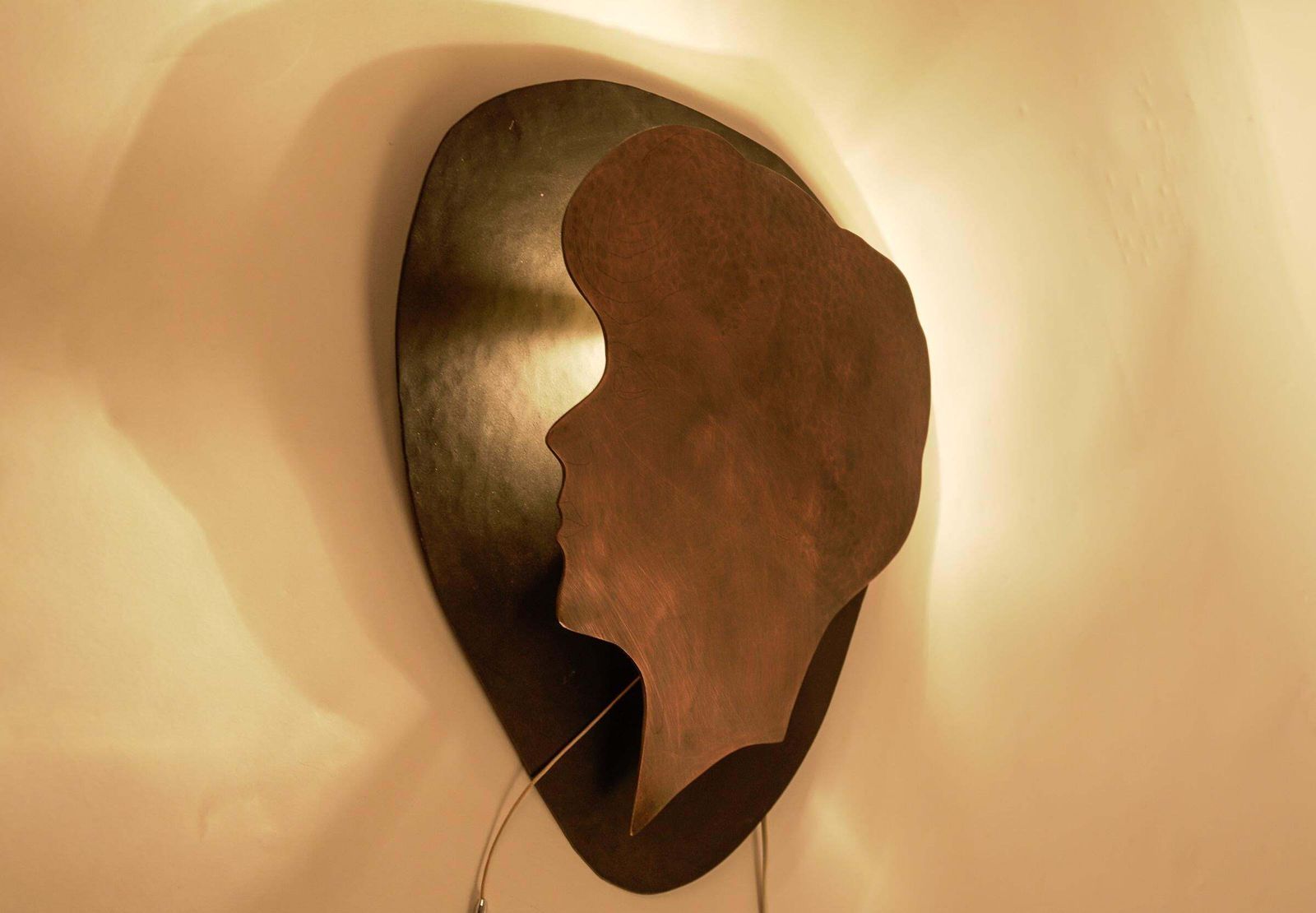 Handmade Woman's Head Wall Lamp In Solid Copper And Metal photo vinterior