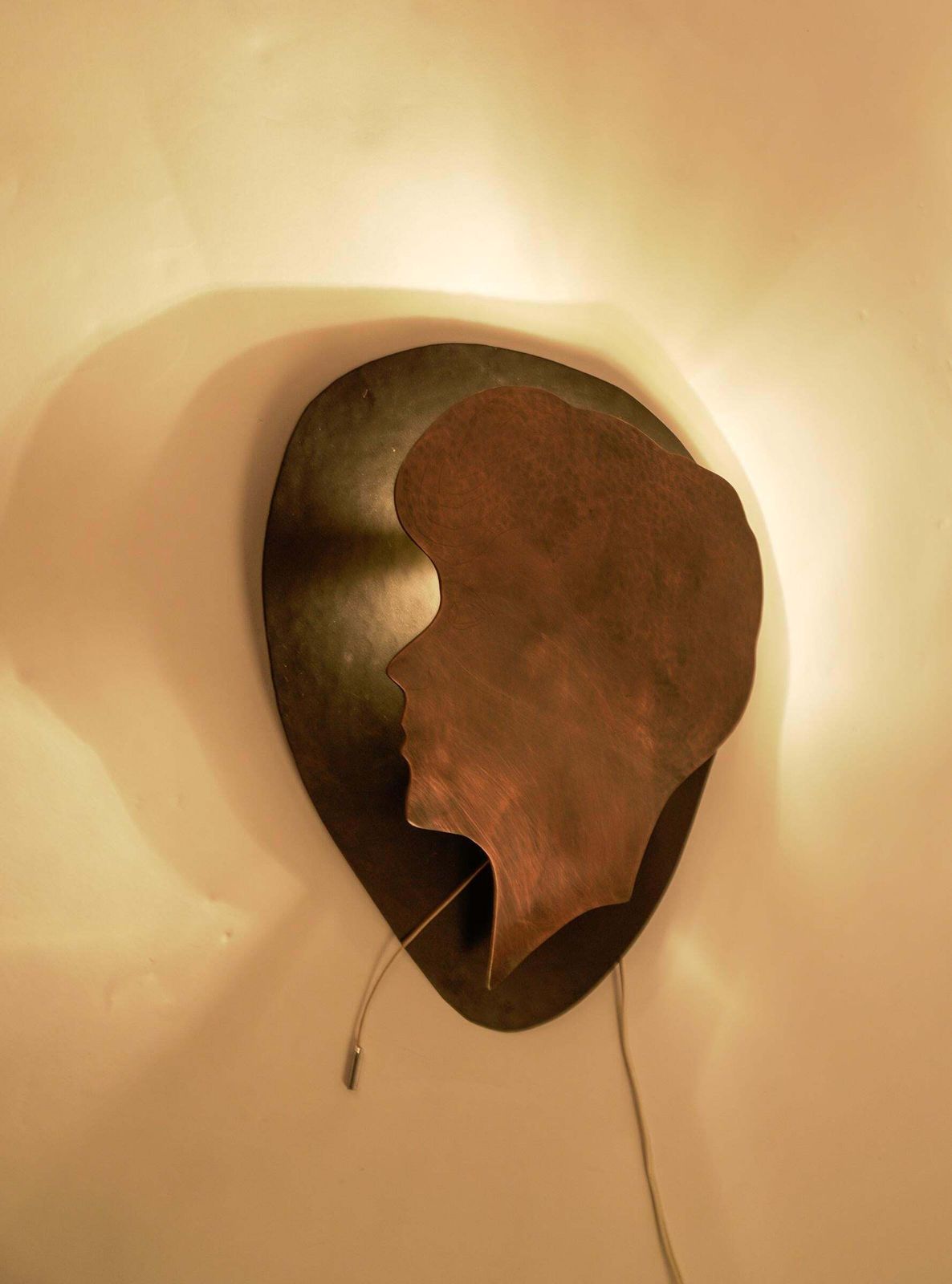 Lighting Handmade Woman's Head Wall Lamp In Solid Copper And Metal photo