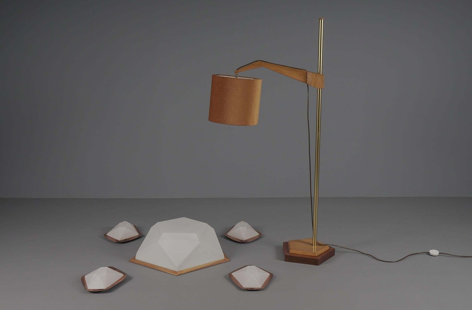 Unique Anthroposophic Floor Lamp In Wood, Brass And Fabric By Rudolf Dörfler photo vintage
