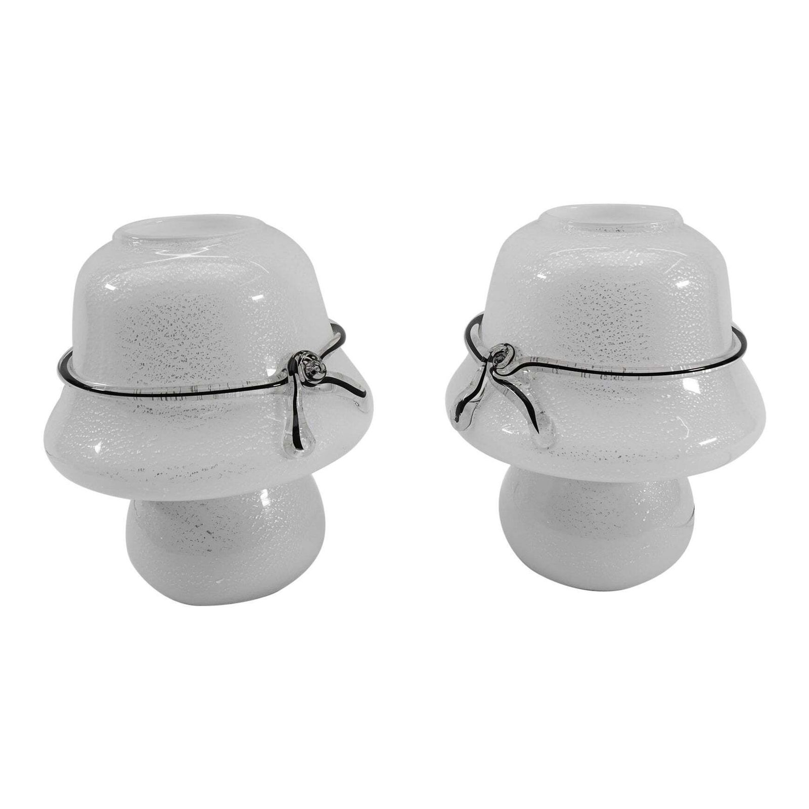 Pair Of Murano Mushroom Table Lamps With Enclosed Silver Platelets, 1960s