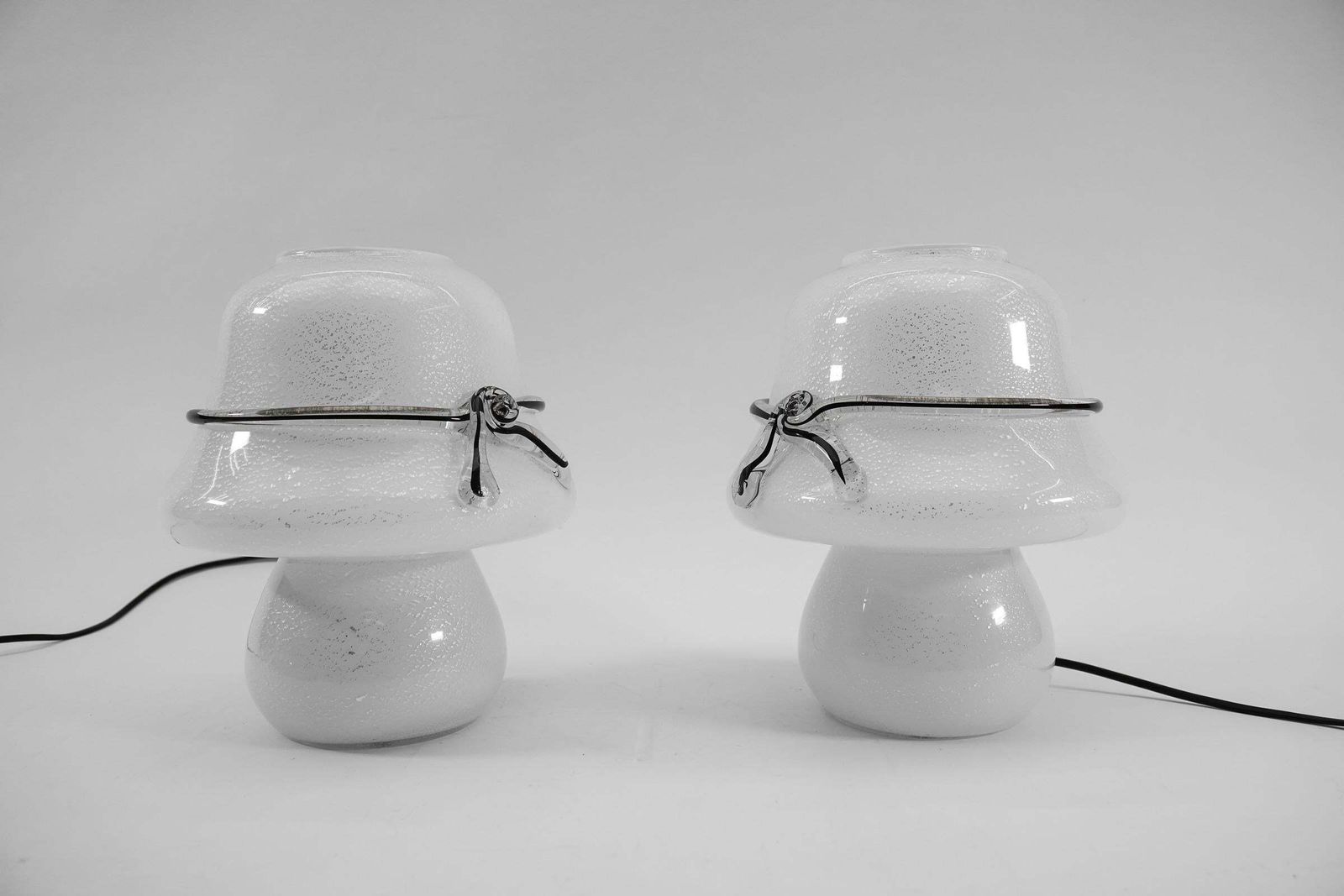 Pair Of Murano Mushroom Table Lamps With Enclosed Silver Platelets, 1960s photo for sale