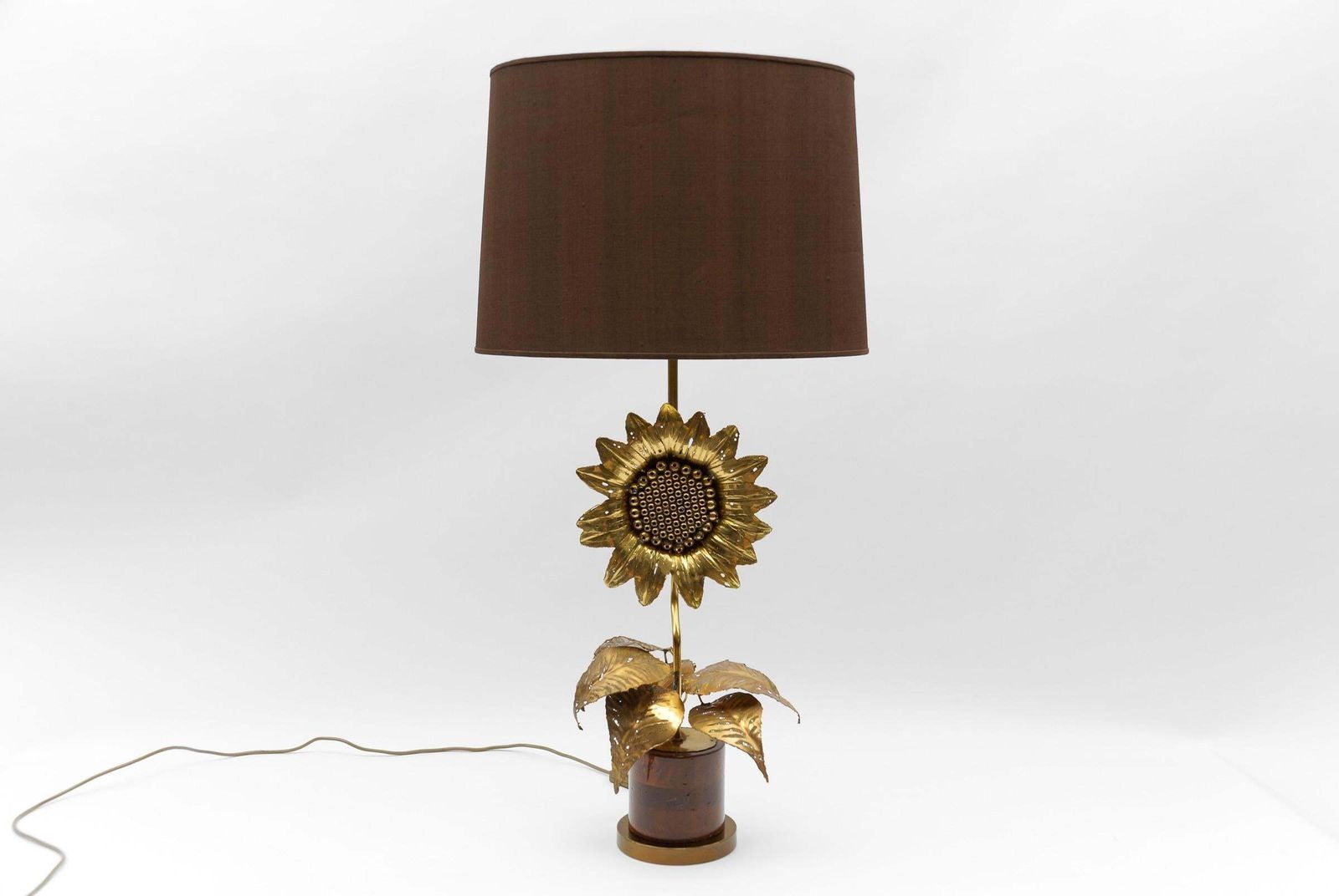 Mid Century Modern Sunflower Table Lamp Made In Brass And Wood, 1960s photo furniture