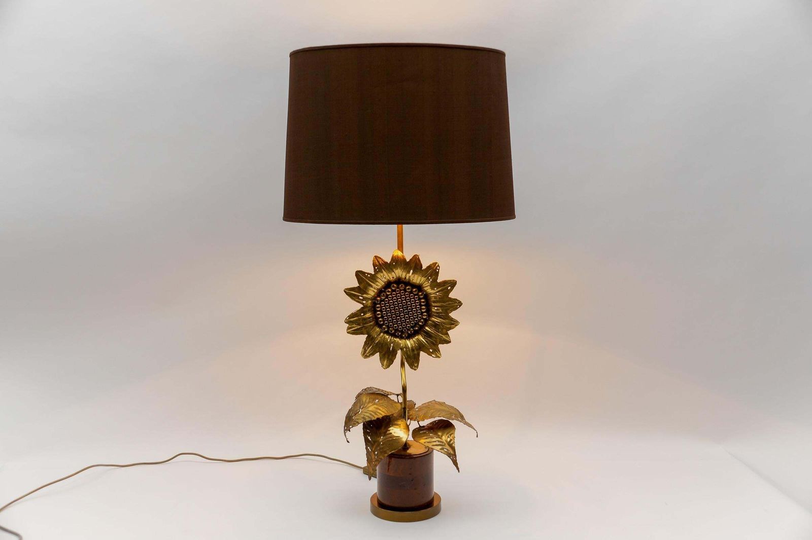 Mid Century Modern Sunflower Table Lamp Made In Brass And Wood, 1960s photo for sale