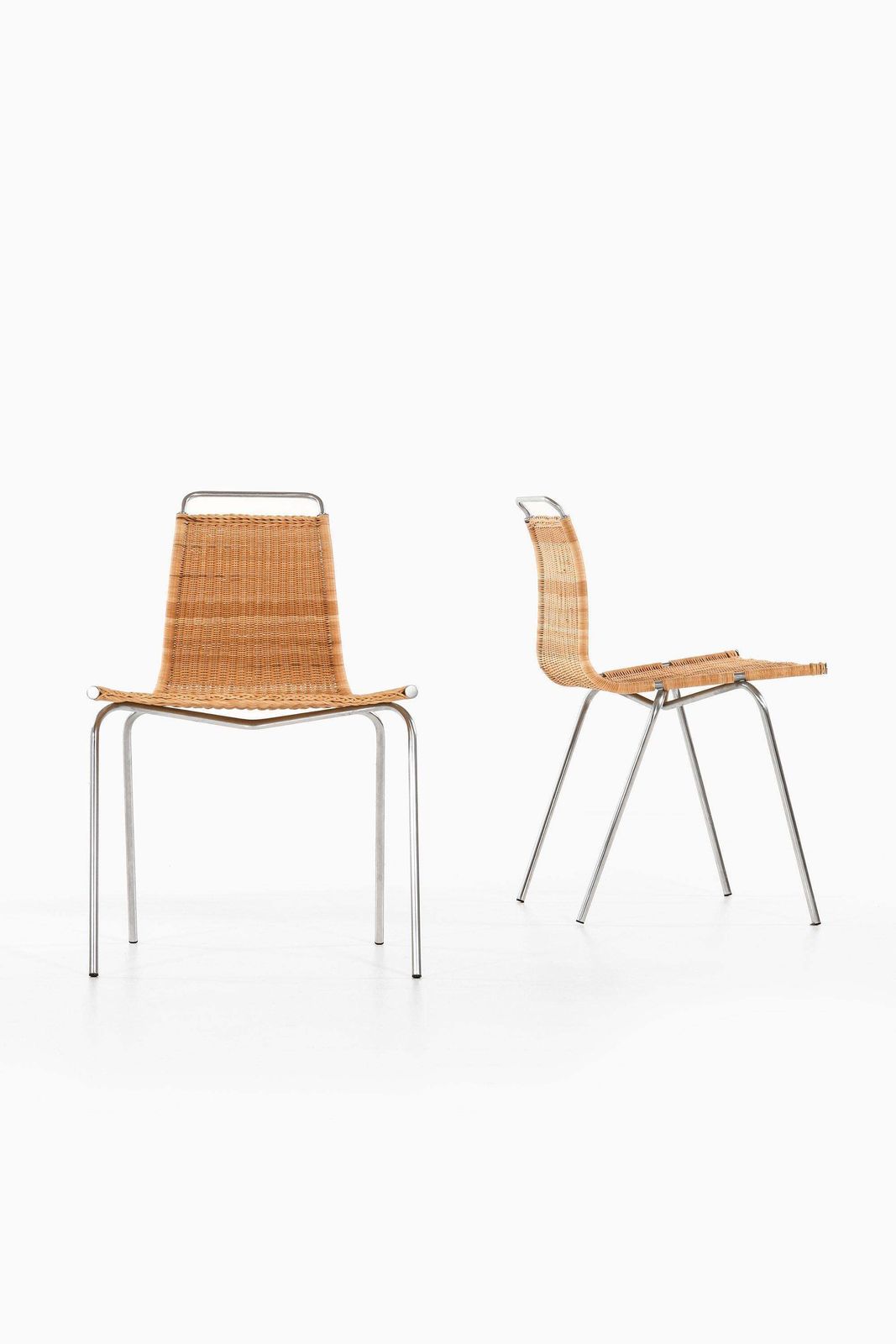 Set Of 8 Dining Chairs In Chromed Steel And Woven Cane By Poul Kjærholm, 1950's photo for sale