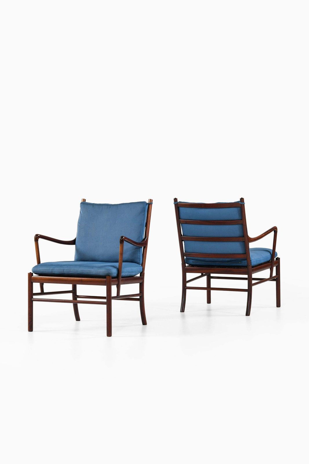 Colonial Easy Chairs In Mahogany, Woven Cane And Fabric By Ole Wanscher, 1960's photo for sale