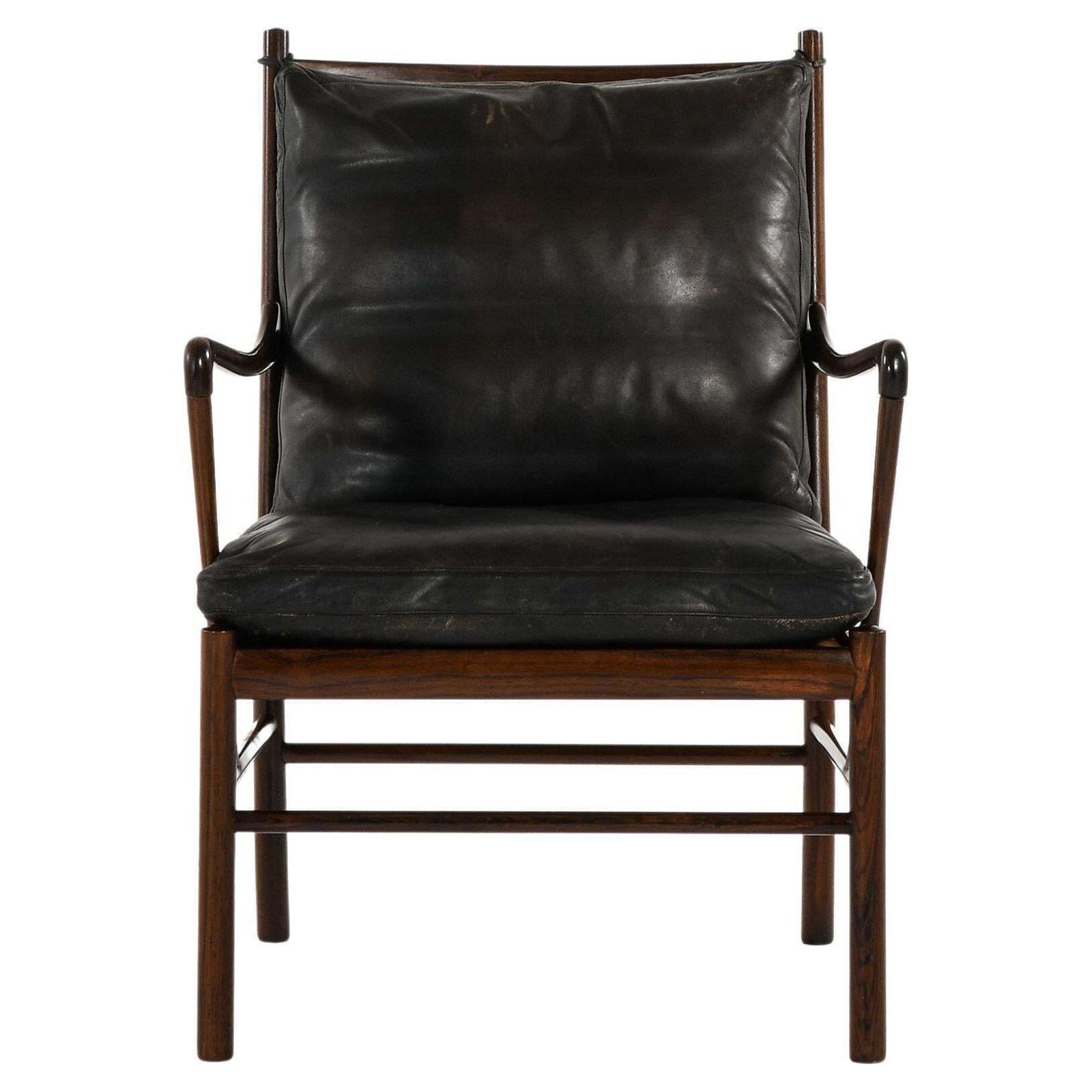 Easy Chair In Rosewood, Woven Cane And Original Leather By Ole Wanscher, 1960's