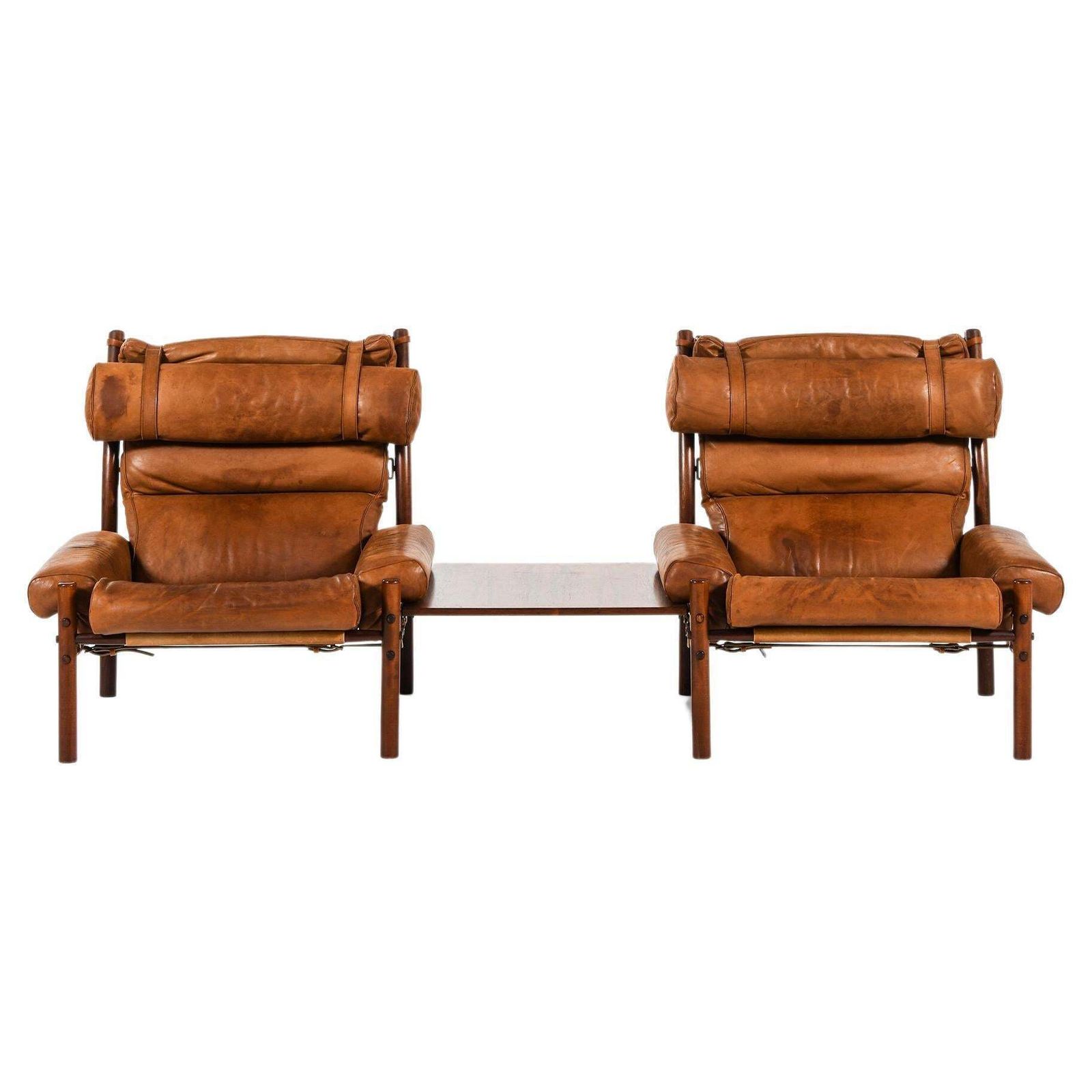 Pair Of Easy Chairs With Side Table In Beech And Leather By Arne Norell, 1960s