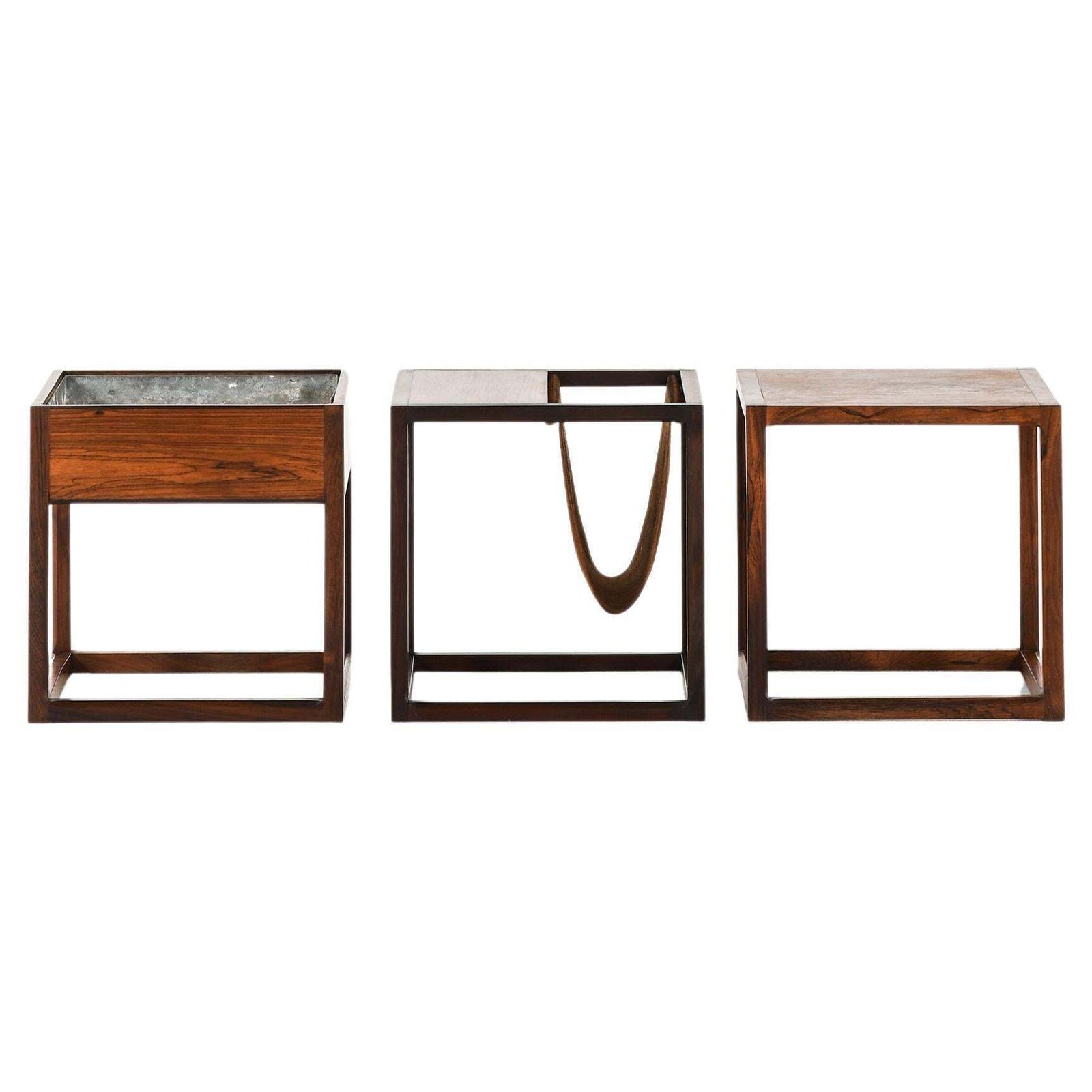 Set Of 3 Side Tables In Rosewood, Suede And Zink By Kai Kristiansen, 1960s