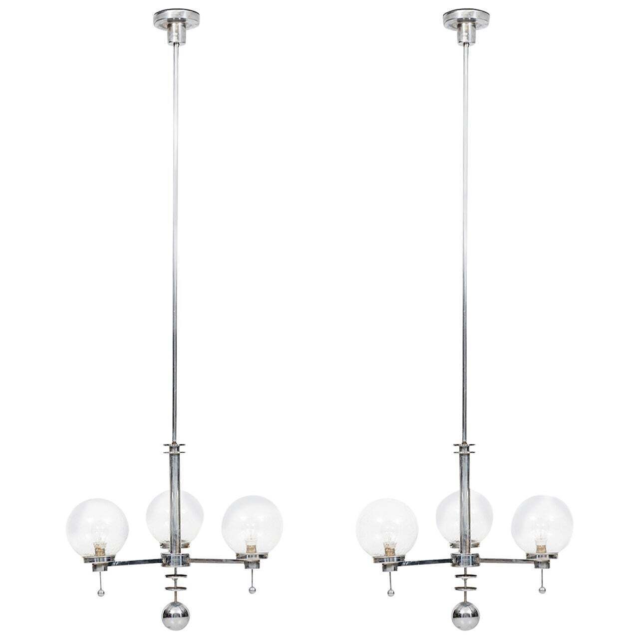 Pair Of Big Art Deco Ceiling Lamps Chandelier In Chromed Steel Glass Bowls