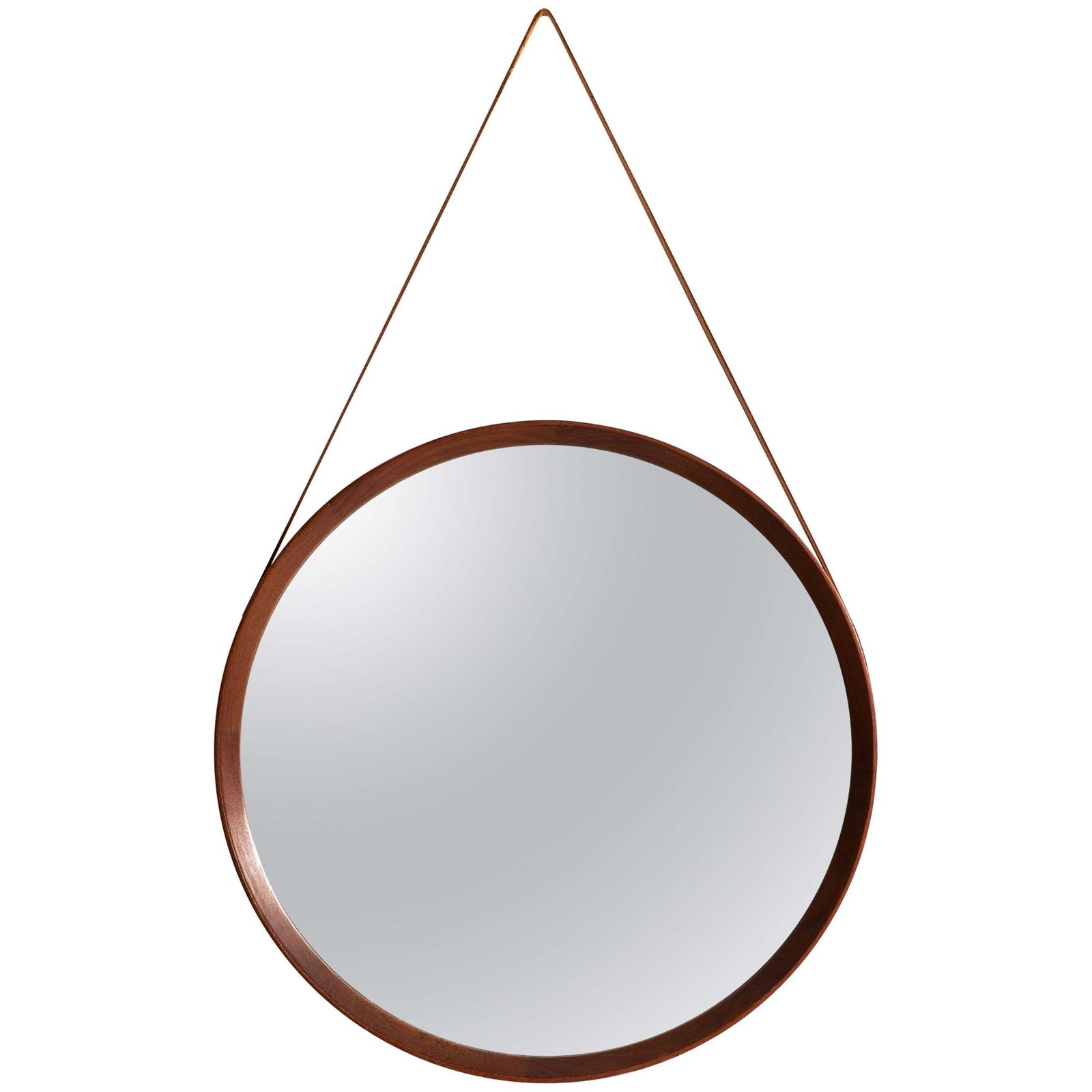 Round Mirror In Leather And Teak By Glas & Trä Hovmantorp In Sweden