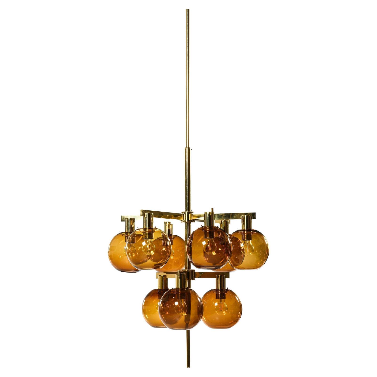 Ceiling Lamp Chandelier In Brass And Amber Glass By Hans Agne Jakobsson, 1950's