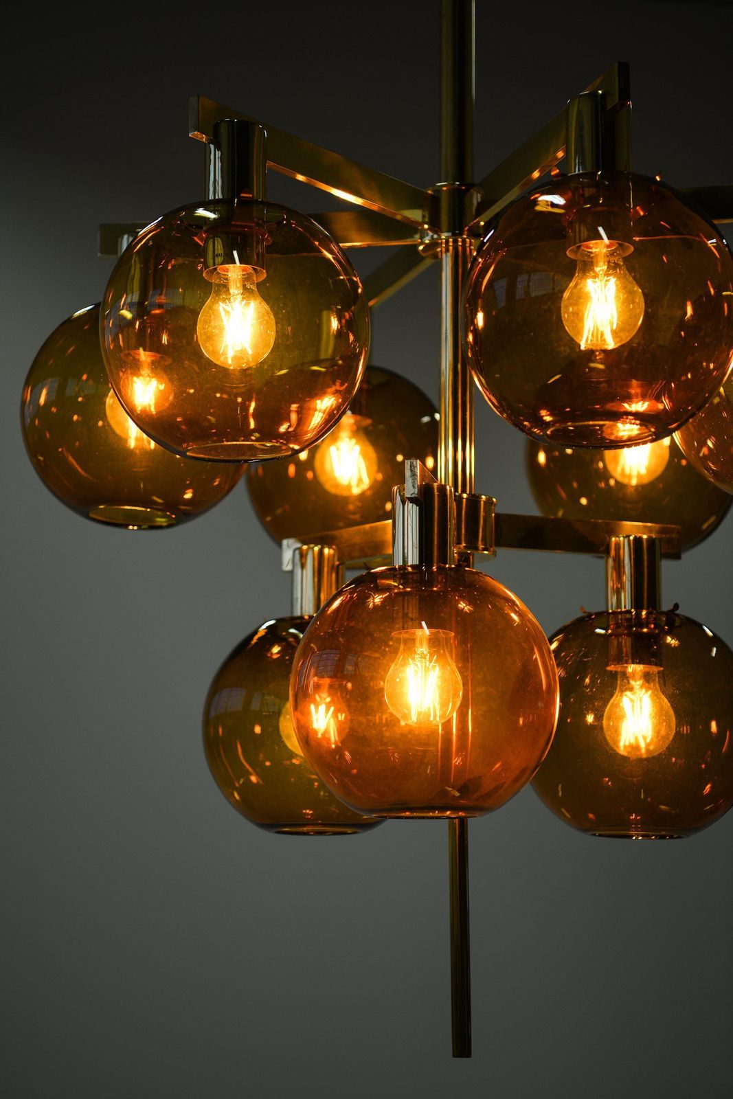 Ceiling Lamp Chandelier In Brass And Amber Glass By Hans Agne Jakobsson, 1950's photo buy