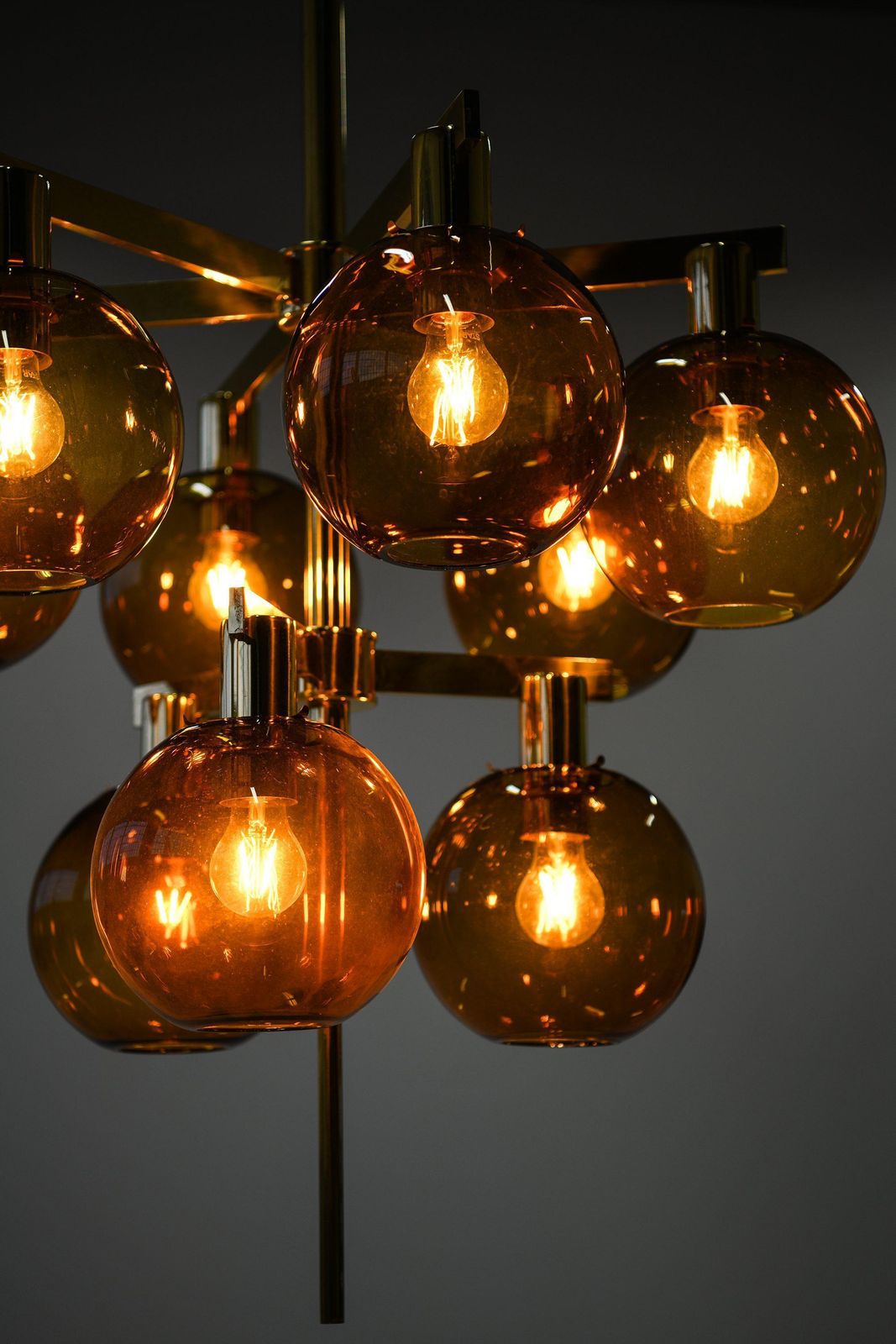 Ceiling Lamp Chandelier In Brass And Amber Glass By Hans Agne Jakobsson, 1950's photo vintage