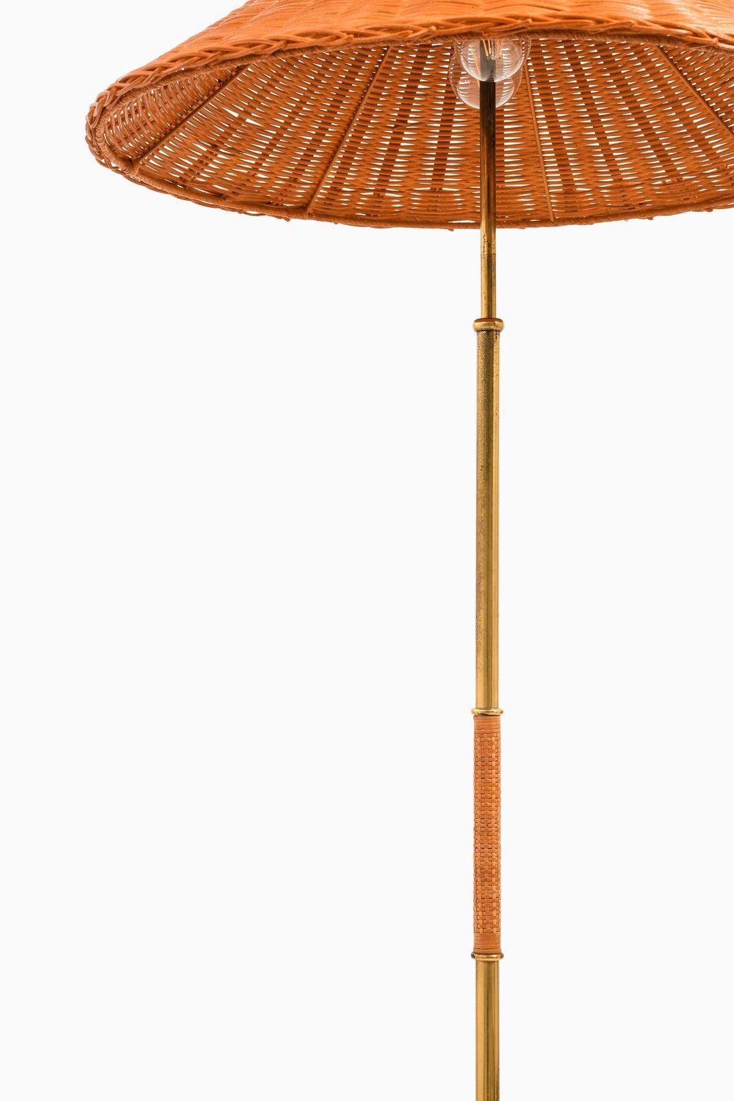 Height Adjustable Floor Lamp In Brass, Woven Cane And Rattan Shade, 1940's photo for sale